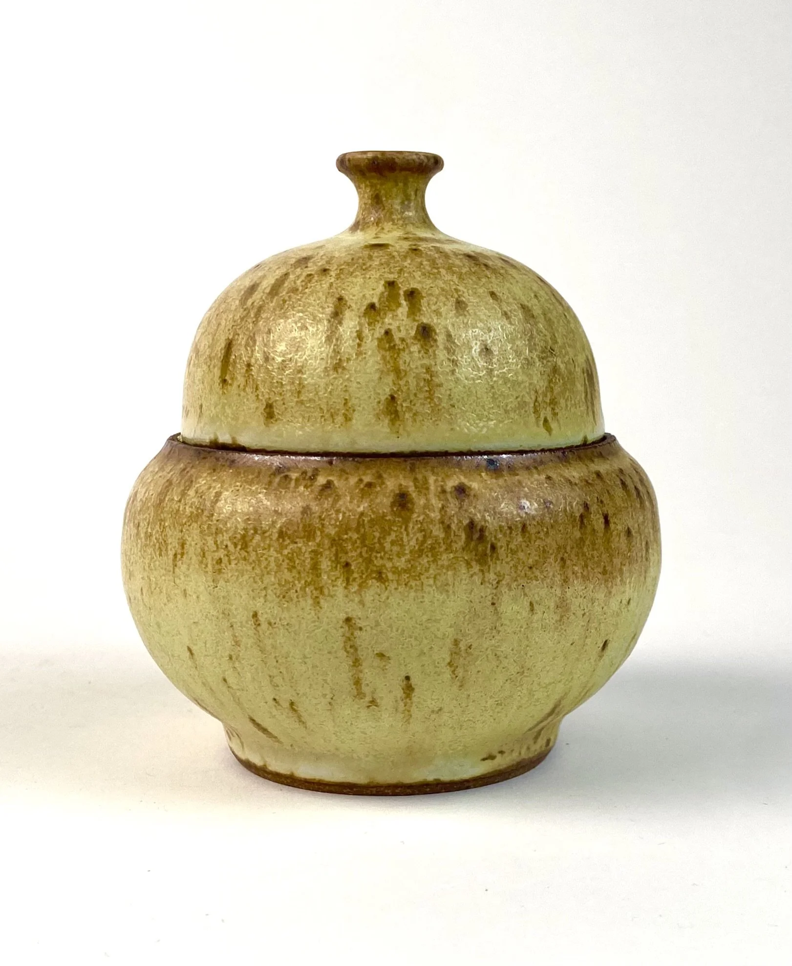 4½" in height, recycled clay, △10 gas reduction, iron yellow, 2025