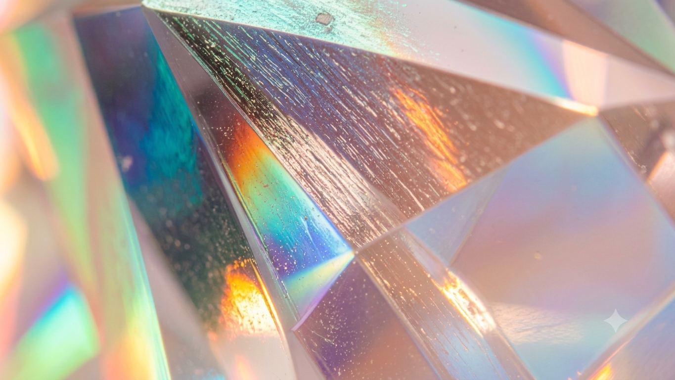 Close-up of a holographic, iridescent crystal with vibrant rainbow colors and reflective surfaces.