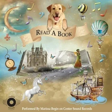 Dog with a banner reading 'Read a Book', floating castle and open book with a ghostly ship, unicorn, and various colorful musical notes and hot air balloons in a whimsical fantasy scene.