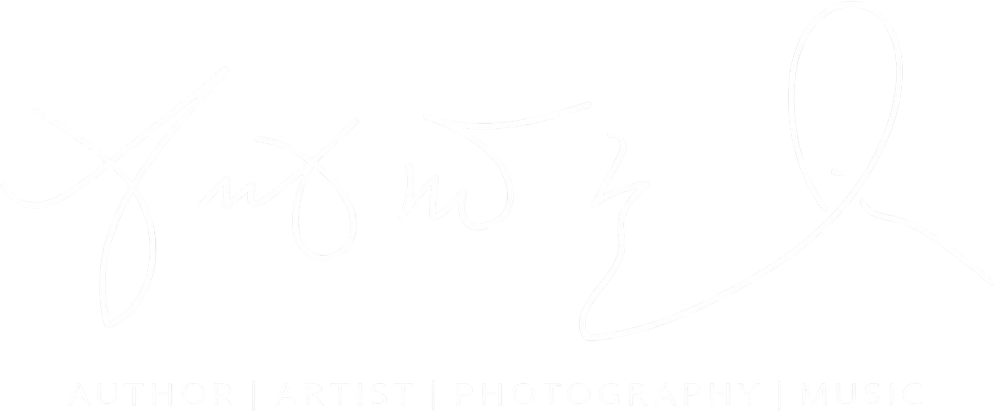 Stylized white signature on black background with text 'Author | Artist | Photography | Music'.