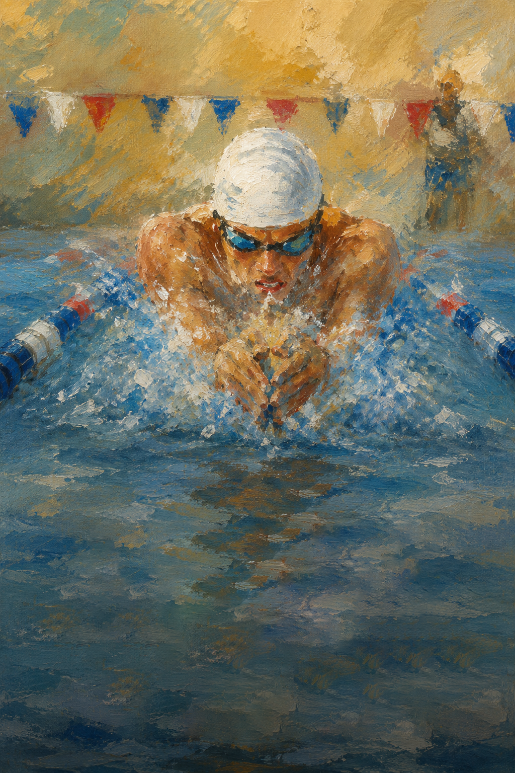 Painted image of a swimmer in a swimming pool, wearing goggles, a white cap, swimming underwater in a crawl stroke, with red, white, and blue lane dividers and a swimmer in the background.