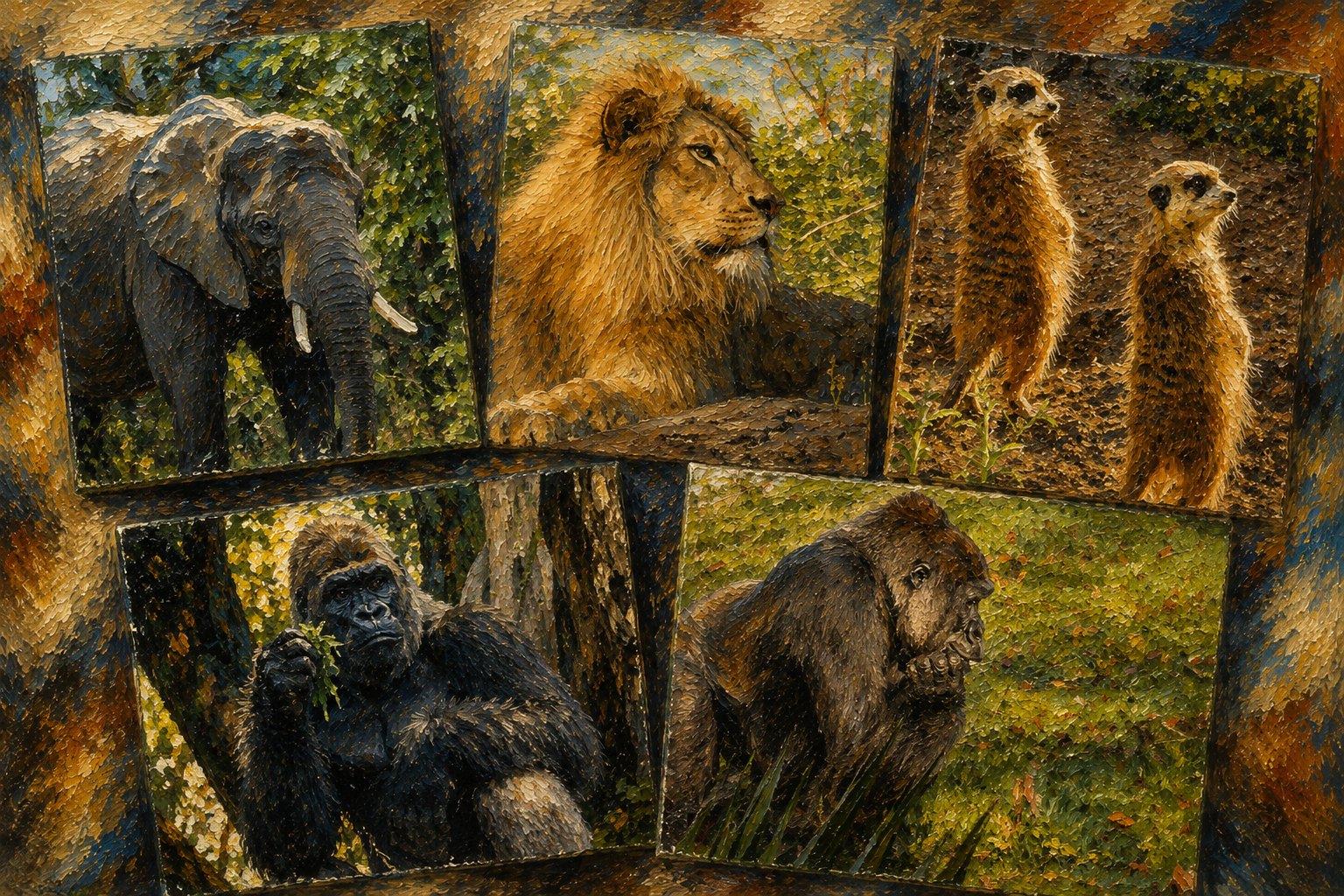 Painting of various wild animals including an elephant, lion, two otters, and a gorilla, set against a natural background.