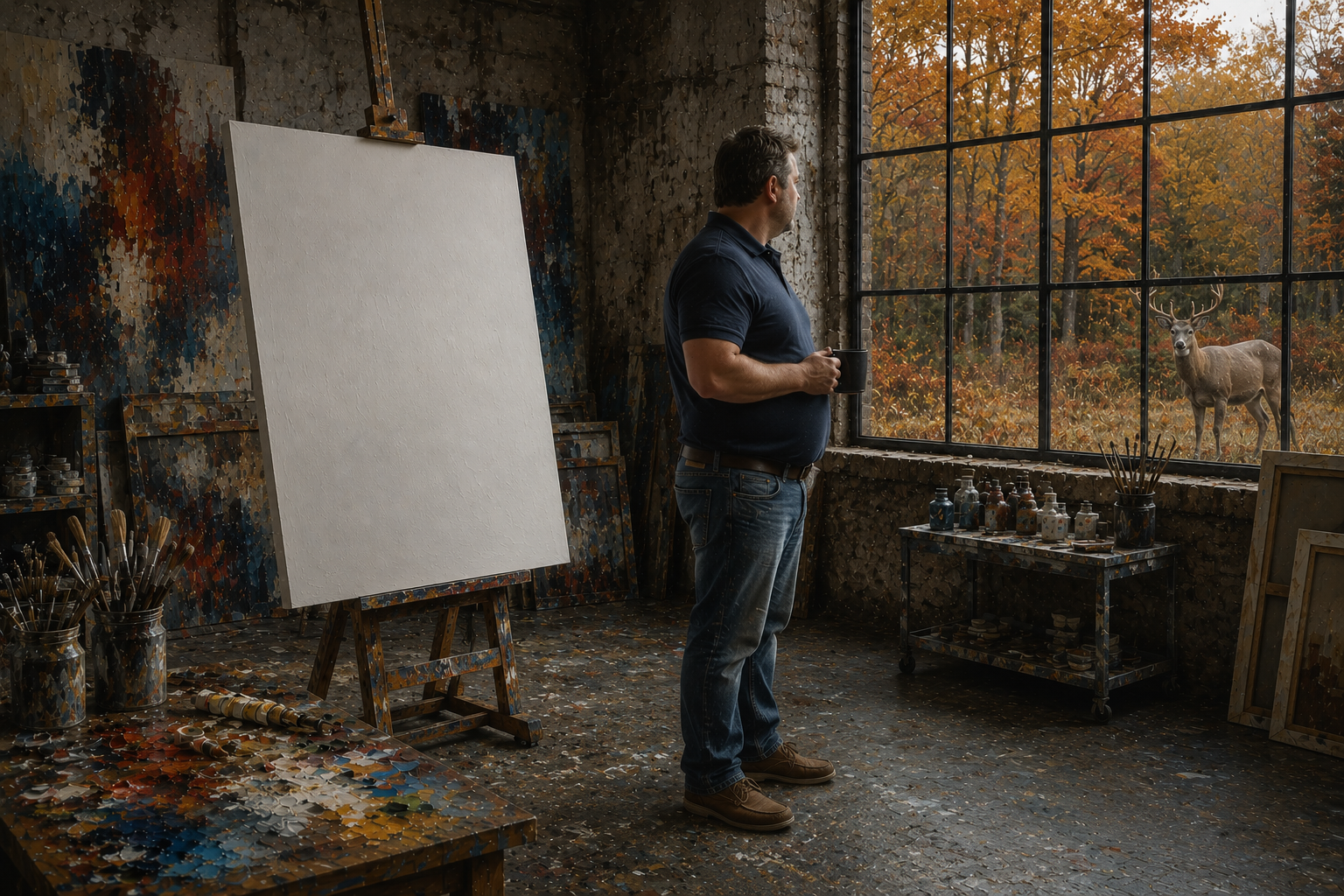 An artist stands in a studio looking out a large window at a deer outside in an autumn forest. The studio has an empty canvas on an easel, with paint supplies and jars of brushes on nearby tables.
