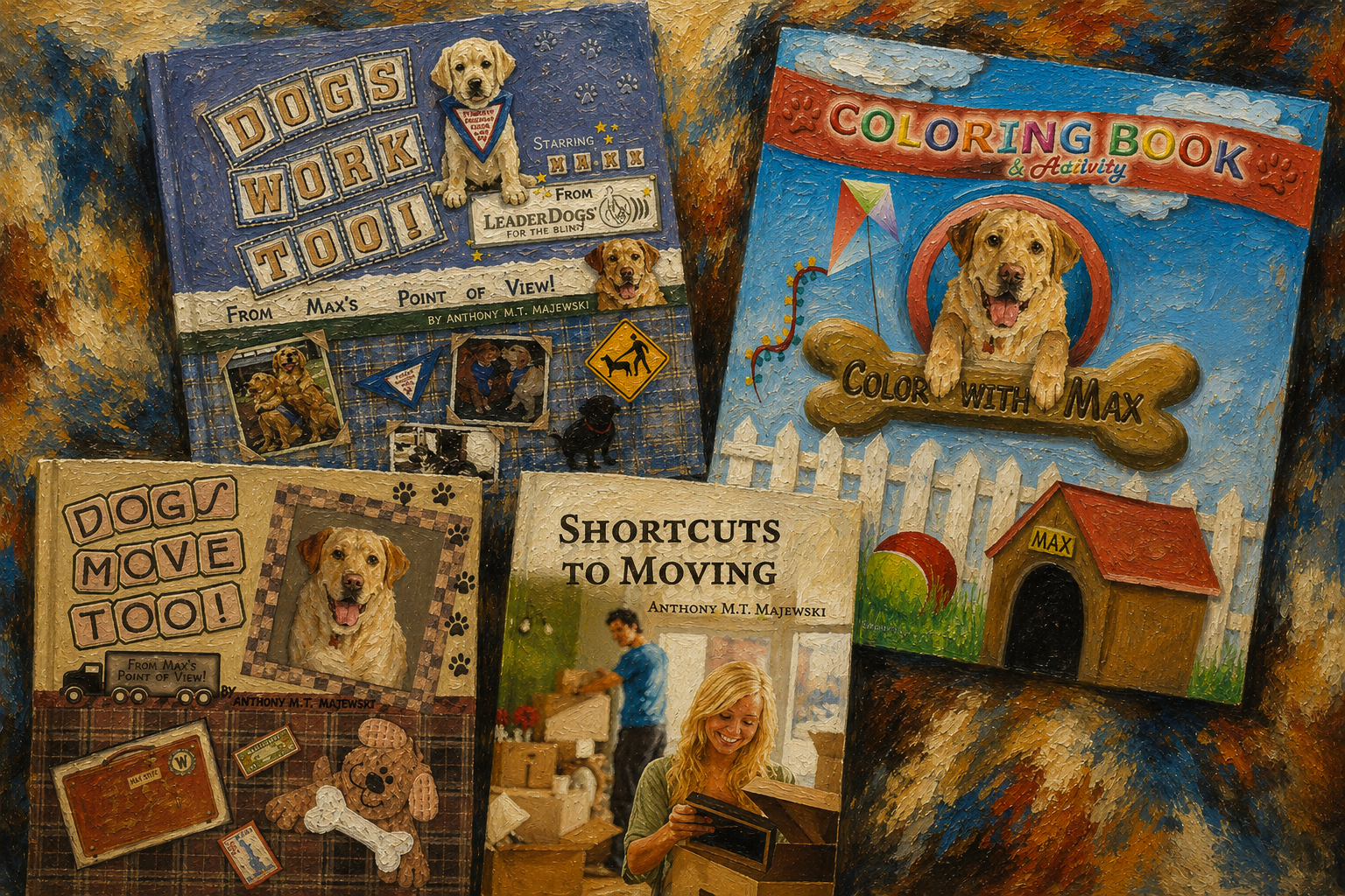 Colorful display of dog-themed artwork and books, including titles like 'Dogs Work Too!' 'Color with Max,' 'Dog Move Too!' and 'Shortcuts to Moving,' with images of dogs and a woman smiling as she looks at a dog-related artwork.
