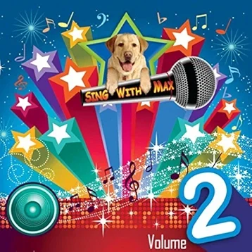 An animated graphic featuring a dog with a microphone, colorful stars, musical notes, and bursts of light on a vibrant background, labeled 'Sting with Max Volume 2'.