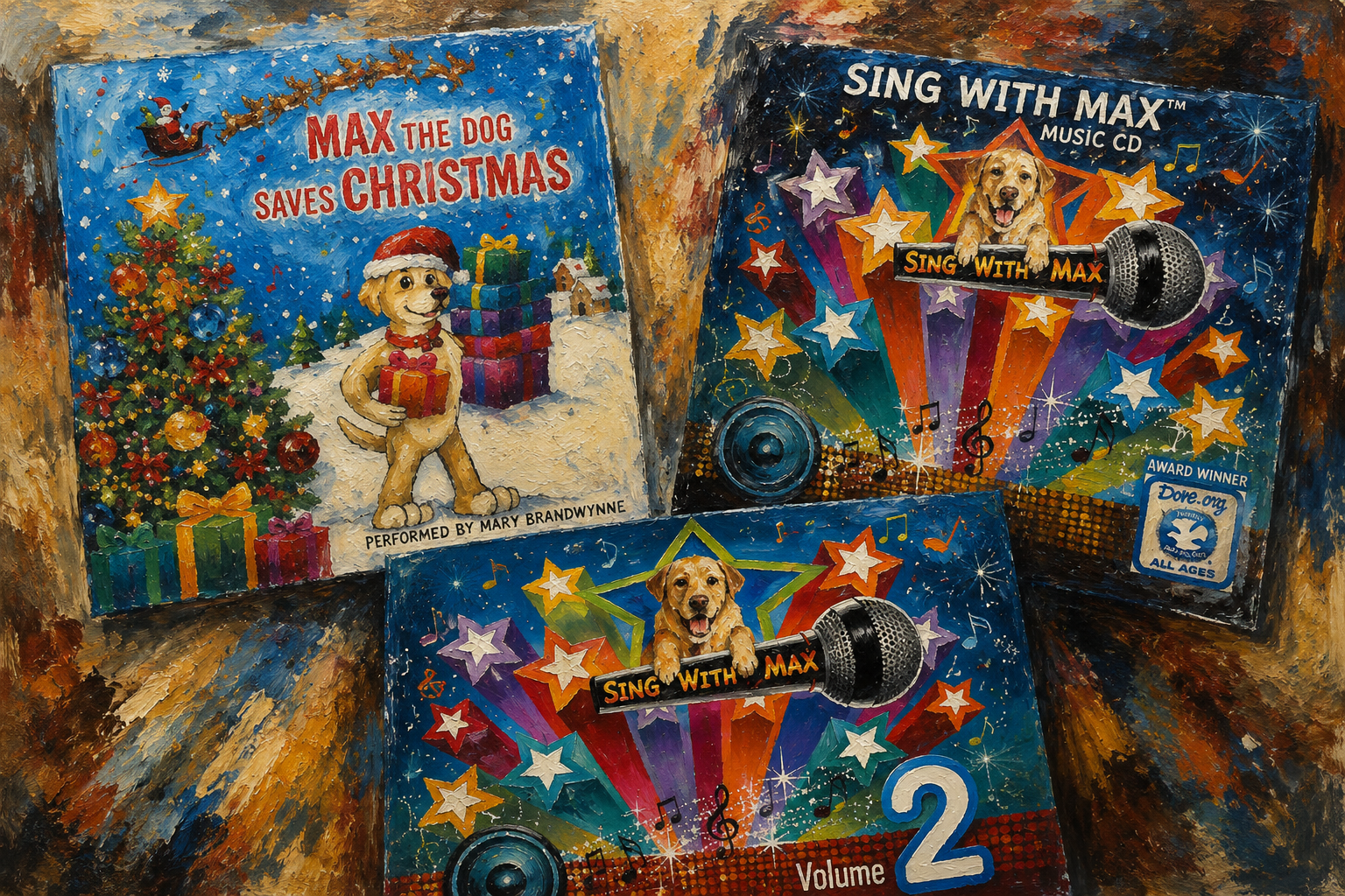 Three colorful album covers featuring Max the dog, with Christmas and music themes, vibrant star and musical note graphics, and a painting-like artistic style.
