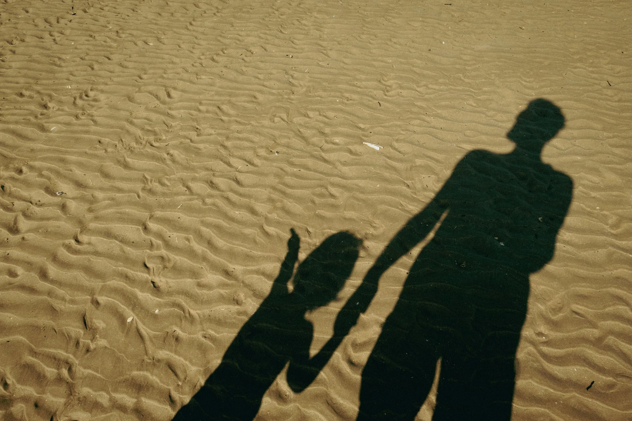 Shadow of a person riding a horse on sandy terrain.