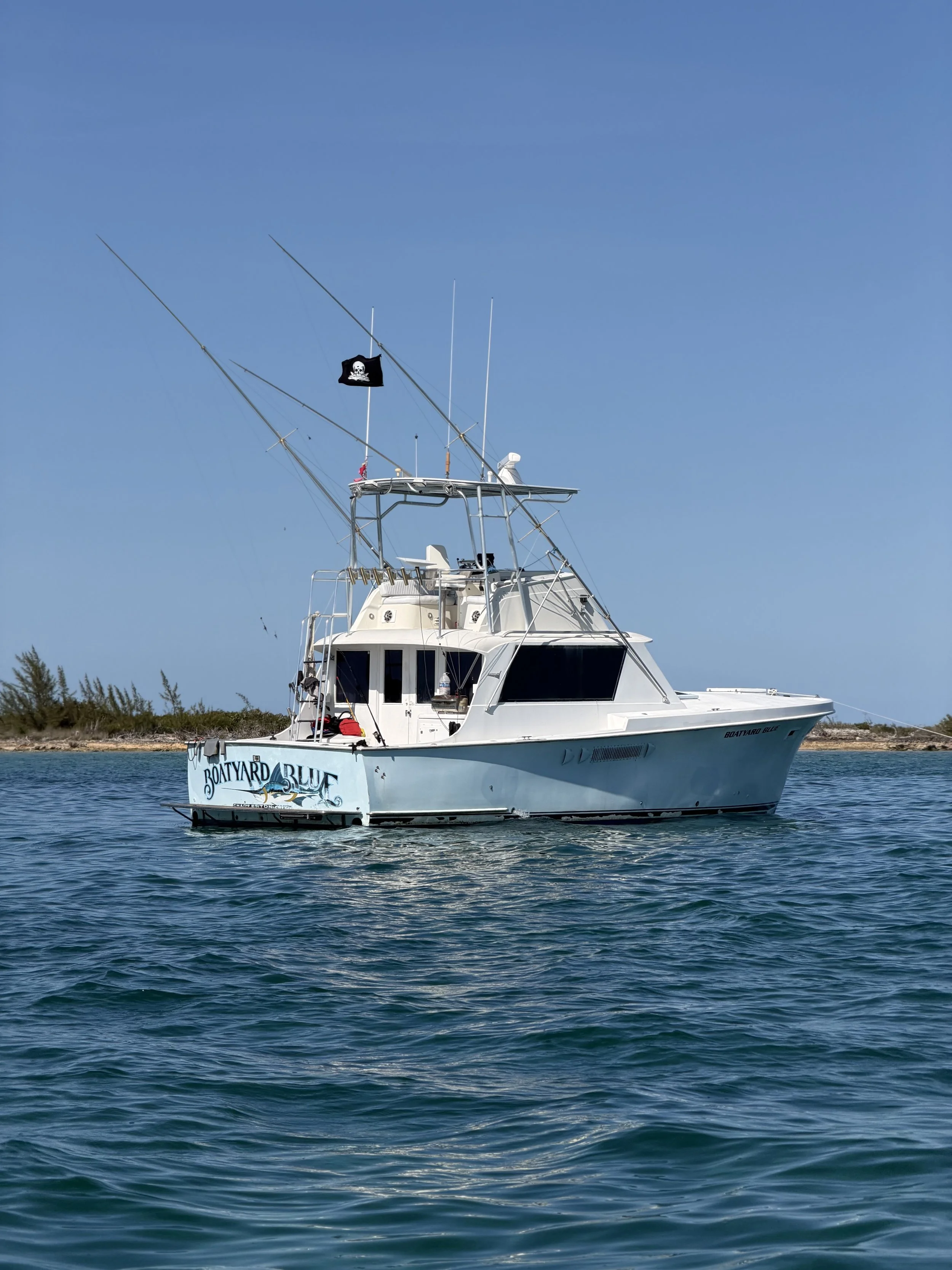 A white boat with the name 'Boatyard Blue' on the side, floating on calm blue water near a shoreline with some trees, under a clear blue sky.