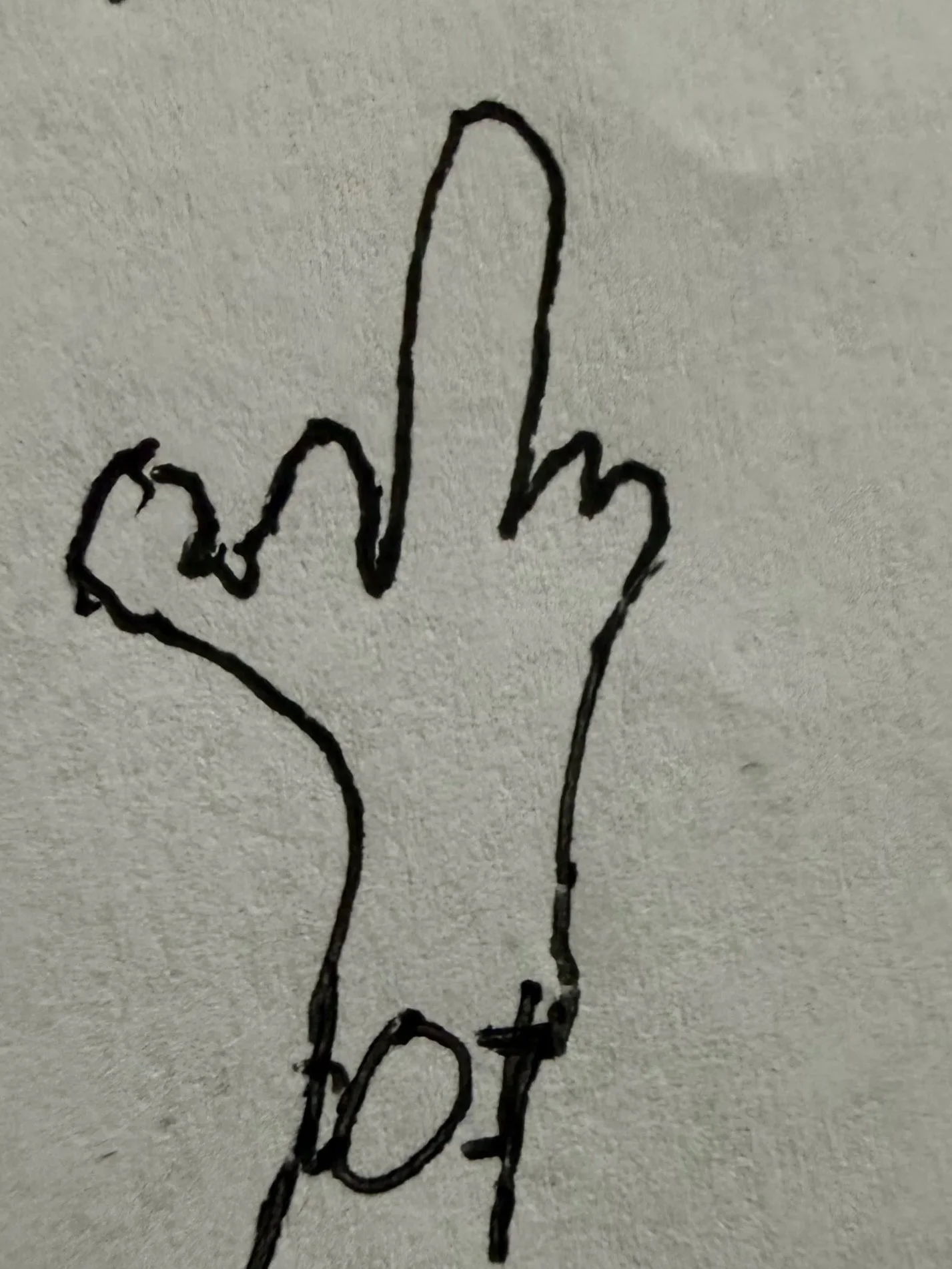 Drawing of a hand with the middle finger extended, on a white textured background.