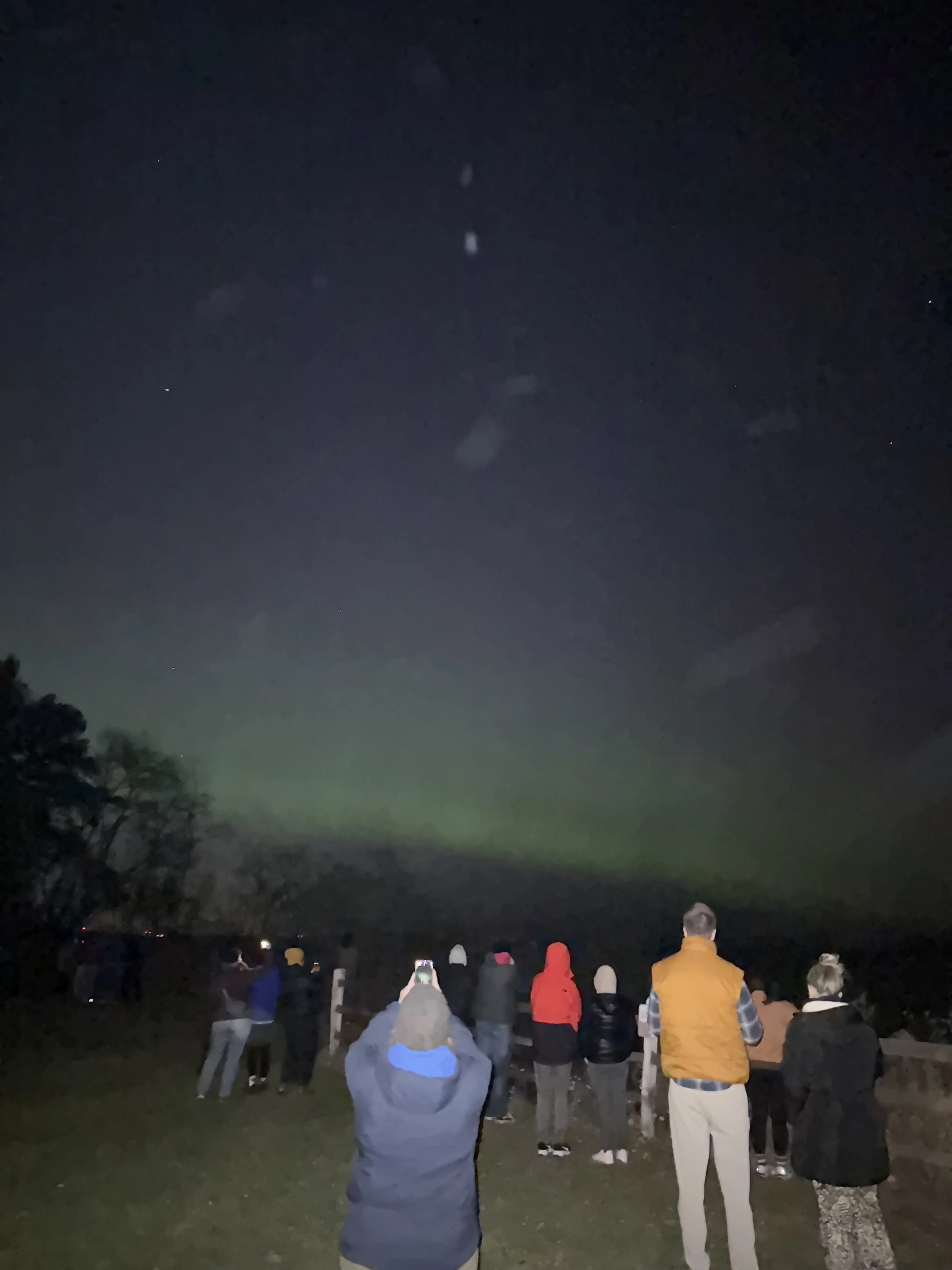 Group of people watching the northern lights at night.