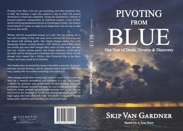 Book cover titled "Pivoting from Blue" with a photo of a cloudy sky and a sunset, author Skip Van Gardner.