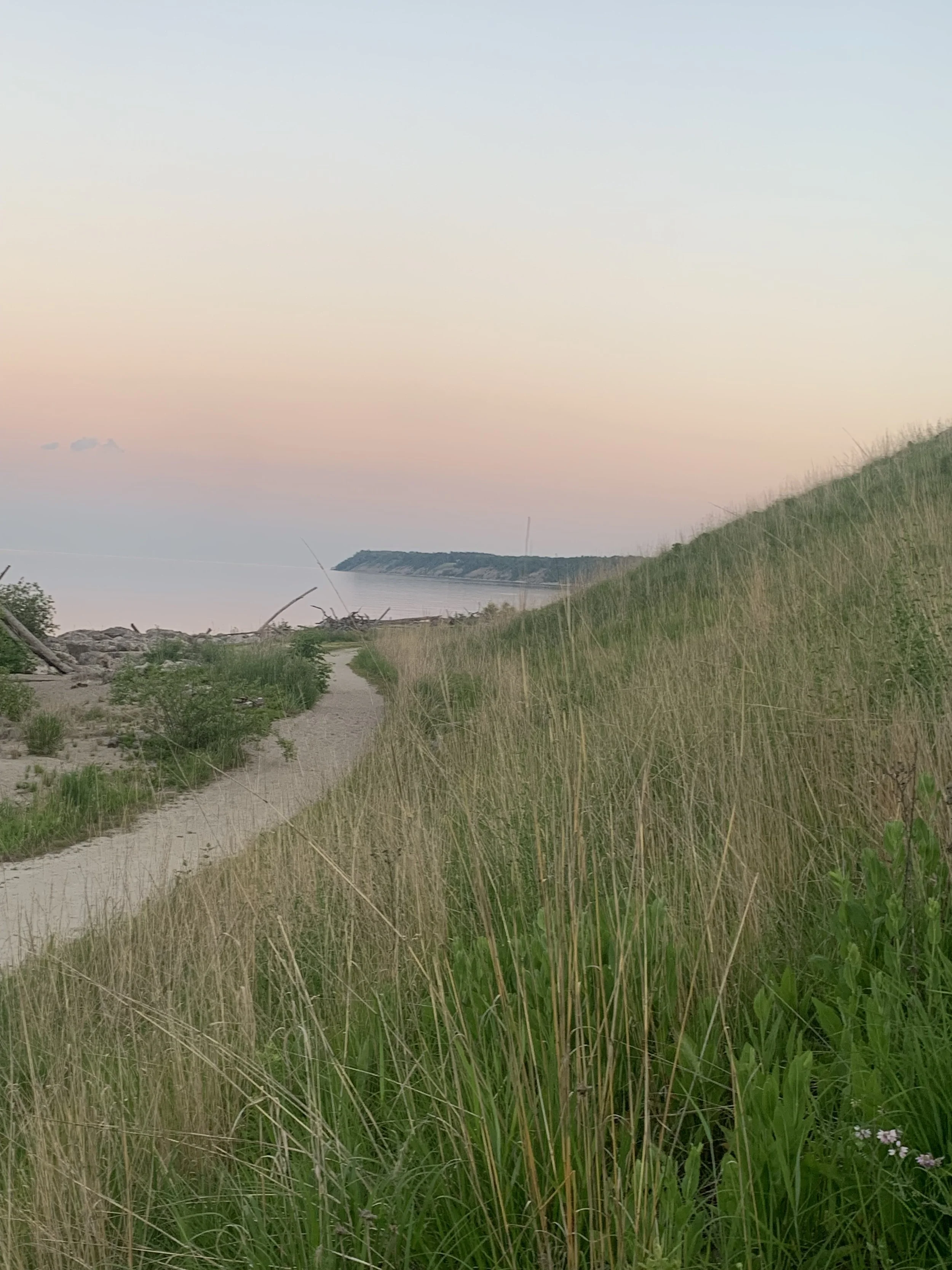 A dirt path running through grassy dunes near the coast, with a cliff overlooking the ocean in the distance under a pastel-colored sky.