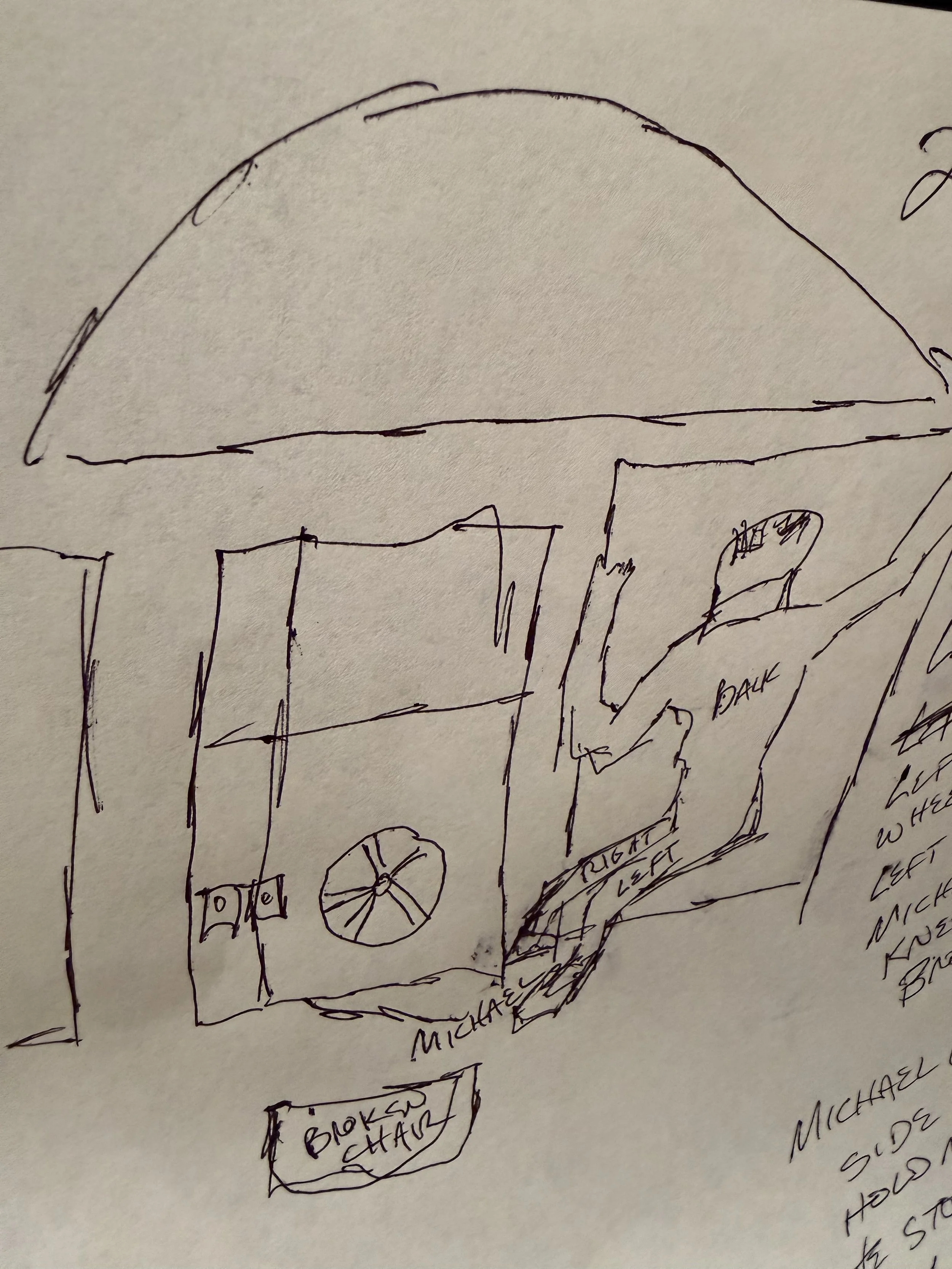 Hand-drawn sketch of a house with labeled parts, including a door, window, and a wheel, with handwritten notes.