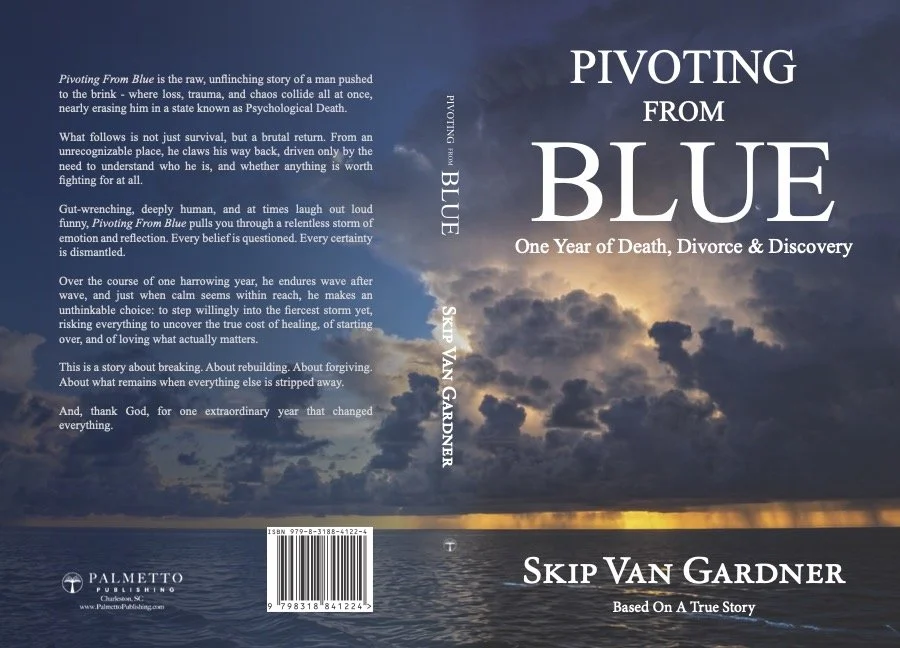 Book cover titled "Pivoting from Blue" by Skip Van Gardner with a background of a stormy sky over the ocean and a strip of orange sunset.