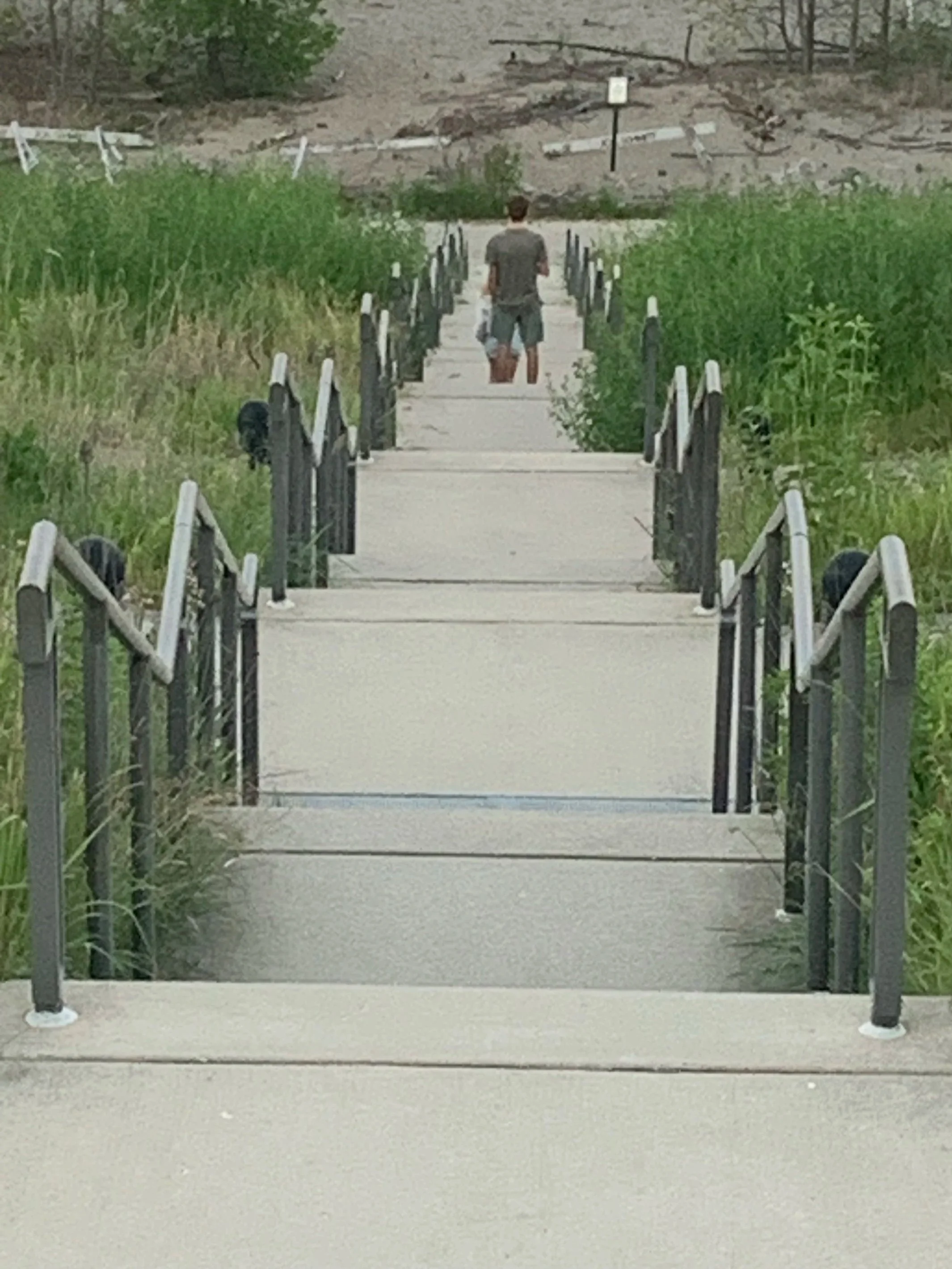 A person carrying a bag walks down a sidewalk leading to a footbridge surrounded by greenery and construction debris.