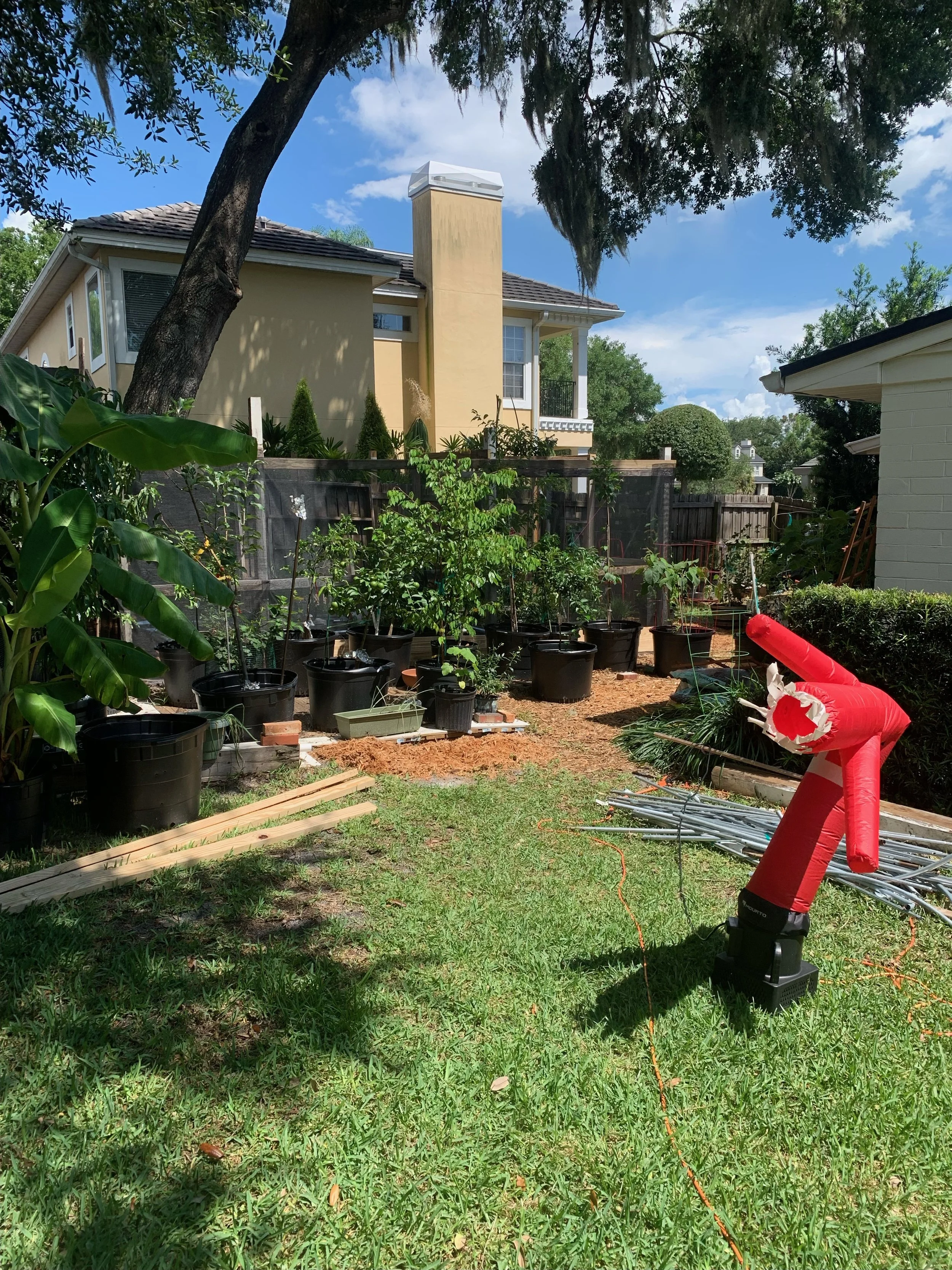 A backyard garden with potted plants, a red inflatable figure, and construction materials with a house in the background under a blue sky with clouds.