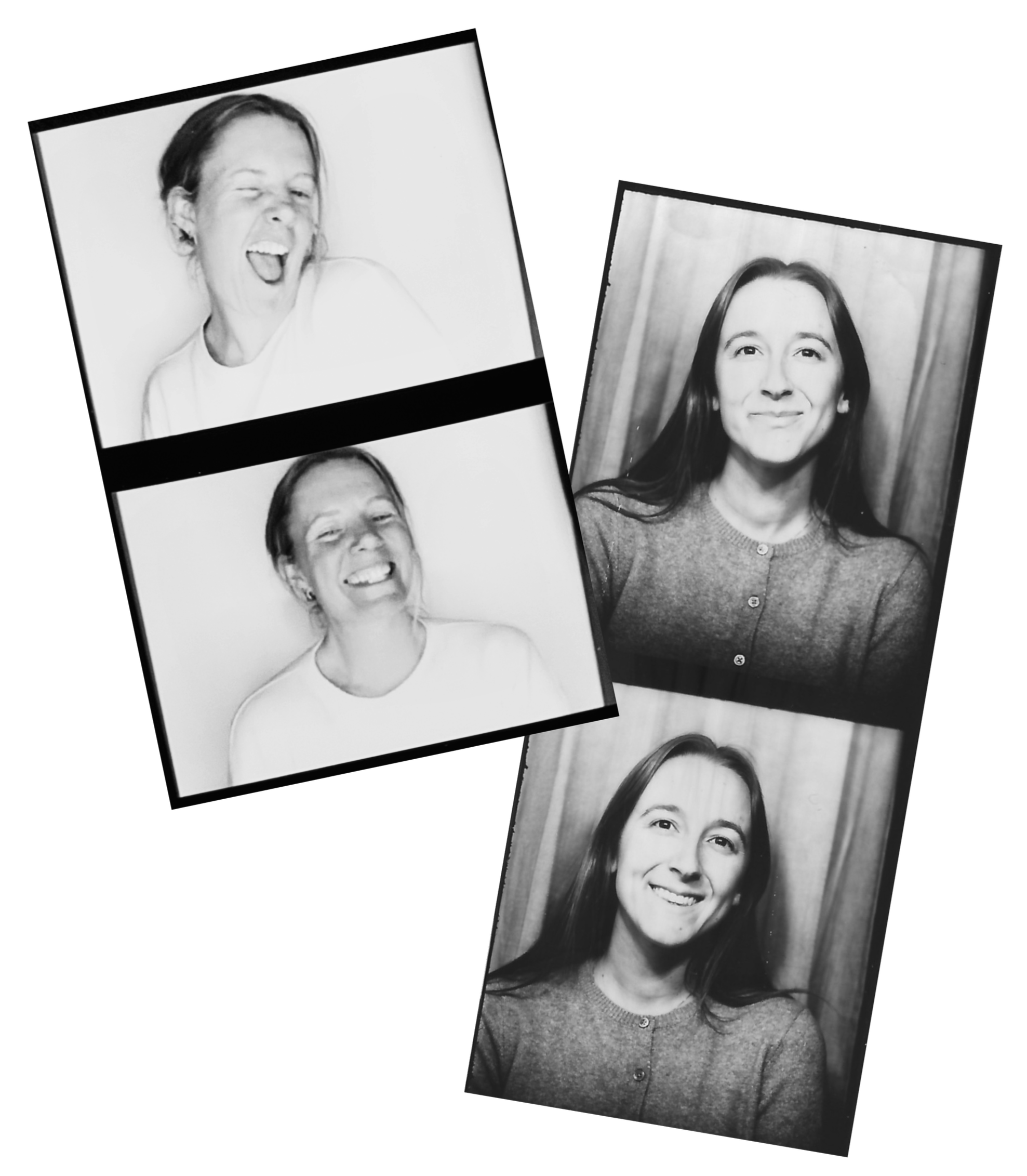 Black and white photographs of two women, one with short hair making a playful face and the other with long hair smiling, displayed on a black background.