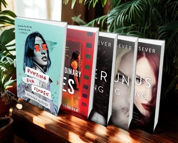 Five books on a wooden surface with lush green plants in the background. The first book features an illustration of a woman with blue hair and red X's over her eyes, with text "Burying Eva Flores." The other four books different cover designs and photos of women.