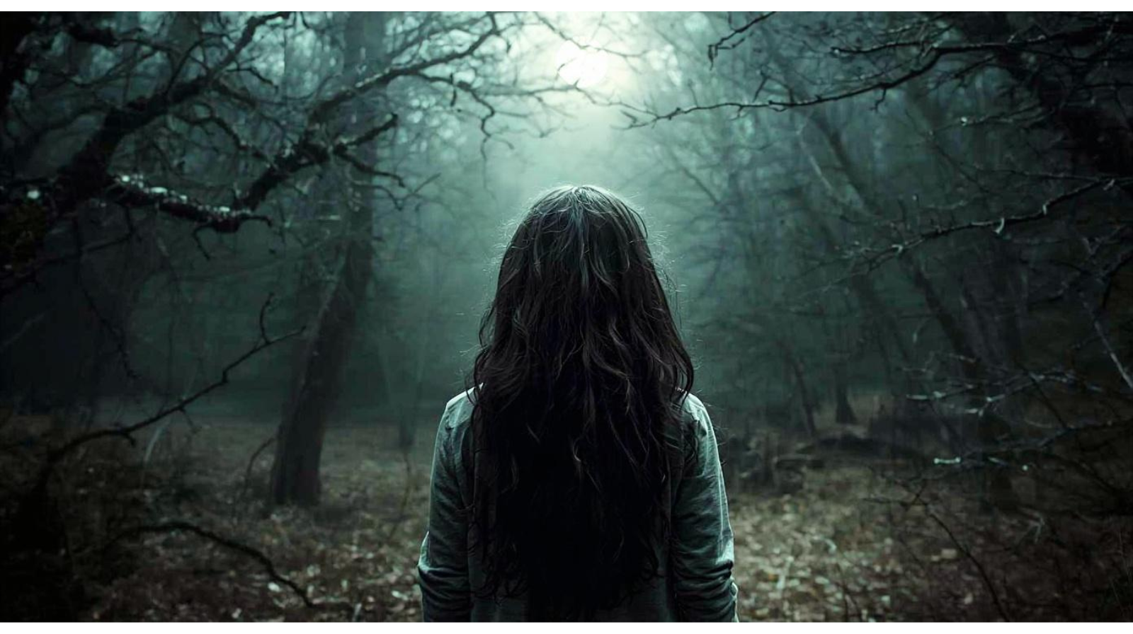 A person with long dark hair stands facing a dark, dense forest with bare branches and a foggy atmosphere.