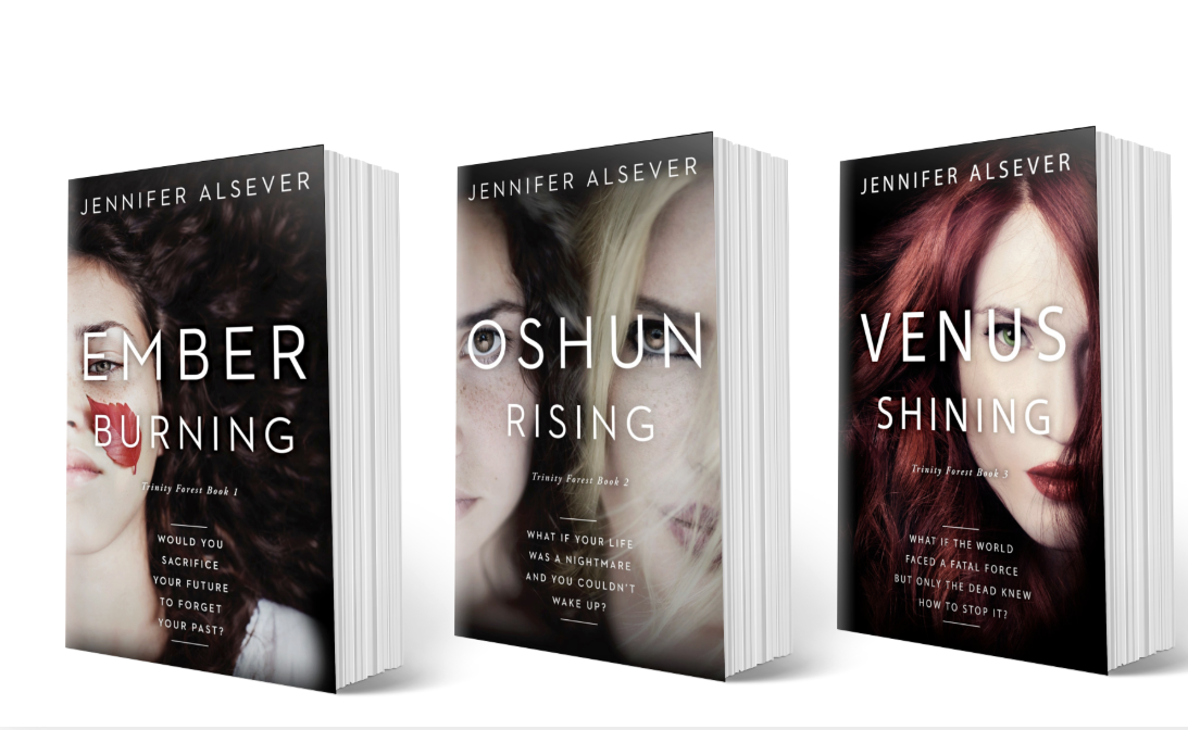 Three paperback books from the Trinity Forest series by Jennifer Alsever displaying their covers titled Ember Burning, Oshun Rising, and Venus Shining.