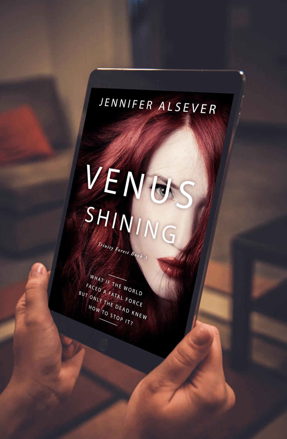 E-book cover for 'Venus Shining' by Jennifer Alsever featuring a woman with red hair and striking blue eyes.