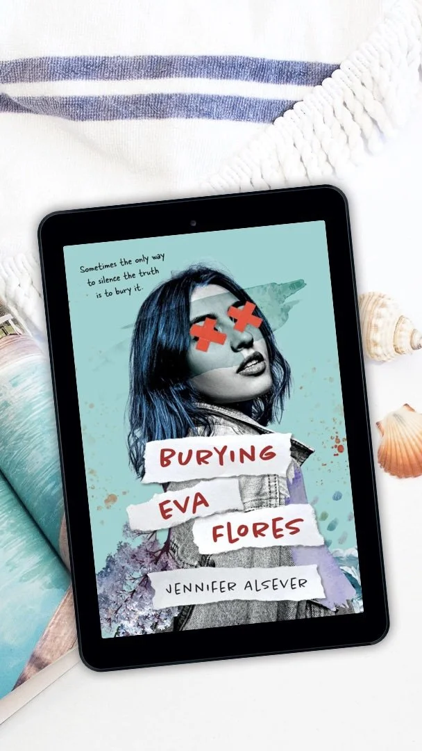 An e-book cover titled 'Burying Eva Flores' by Jennifer Alsver, featuring a woman with black hair and red Xs over her eyes, with a quote about silence and truth at the top.