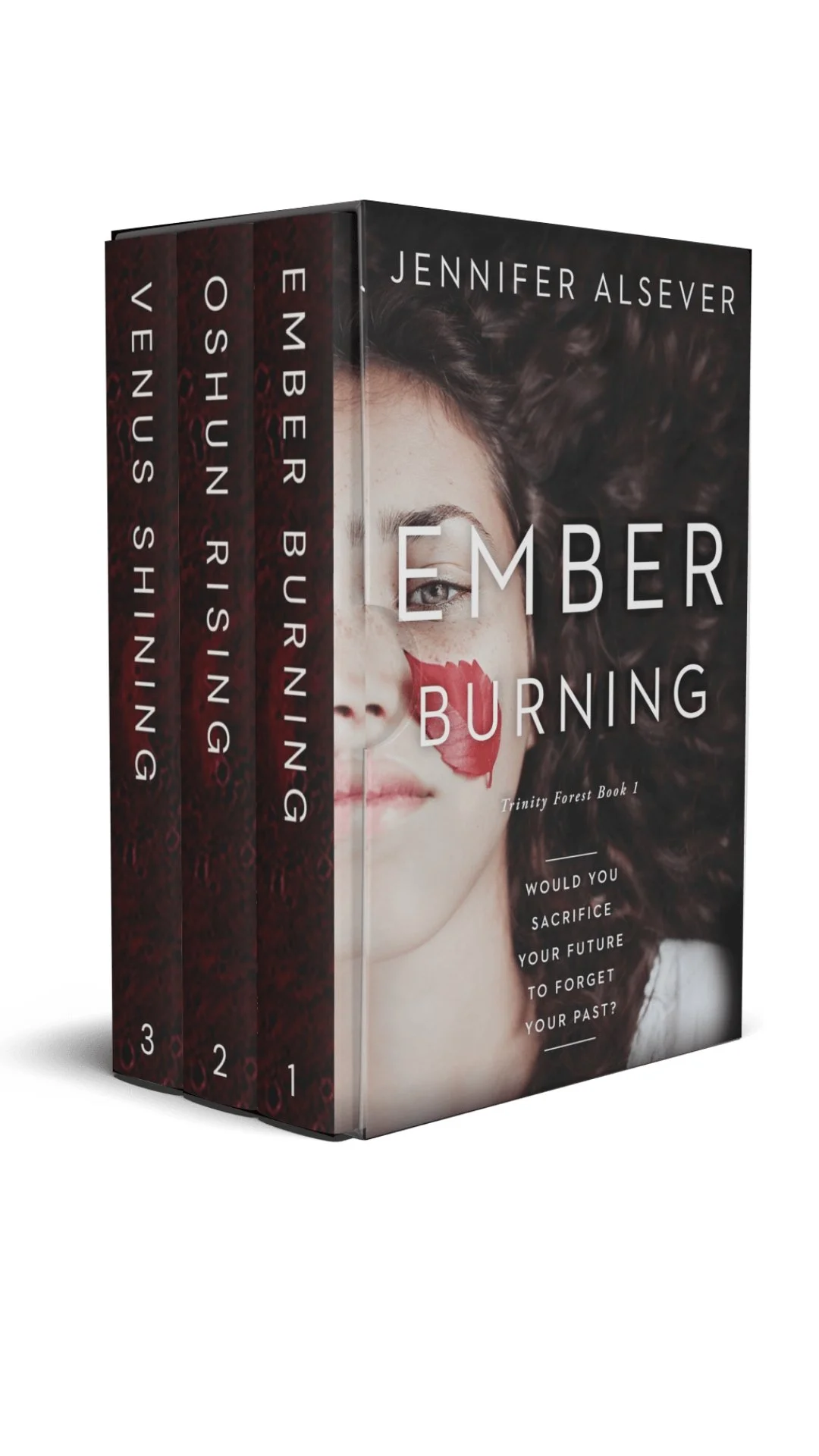 A boxed set of four books titled 'Ember Burning' by Jennifer Alsever. The cover features a woman with curly dark hair and a red maple leaf across her face, with the subtitle asking if you would sacrifice your future to forget your past.