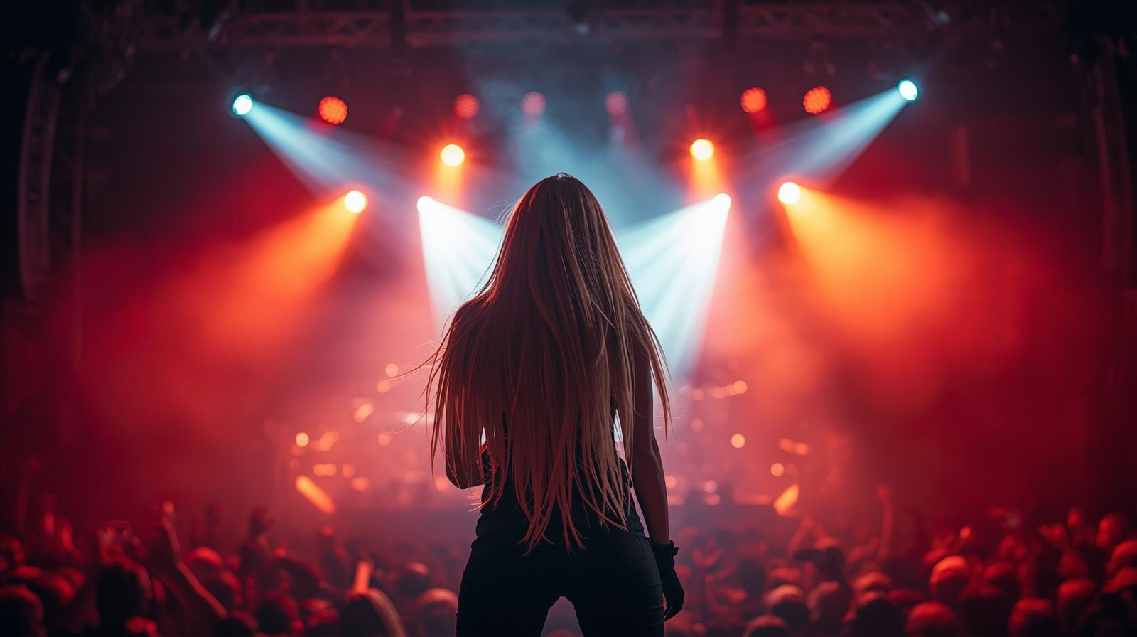 A person with long hair standing in front of a concert stage with colorful lights.