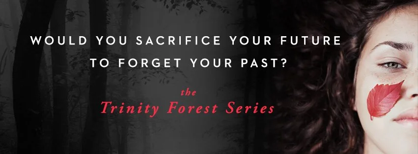This photo shows the cover of Ember Burning with half of girl's face with a red leaf on her cheek. Next to it says "Would you sacrifice your future to forget your past?" and The Trinity Forest Series. The link takes you to Amazon.