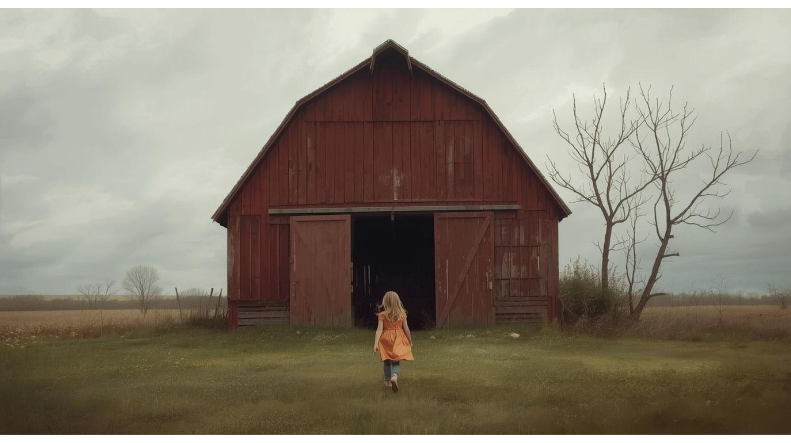 A young girl in an orange dress walking towards a large red barn on a cloudy day, with leafless trees on the side and open fields in the background.
