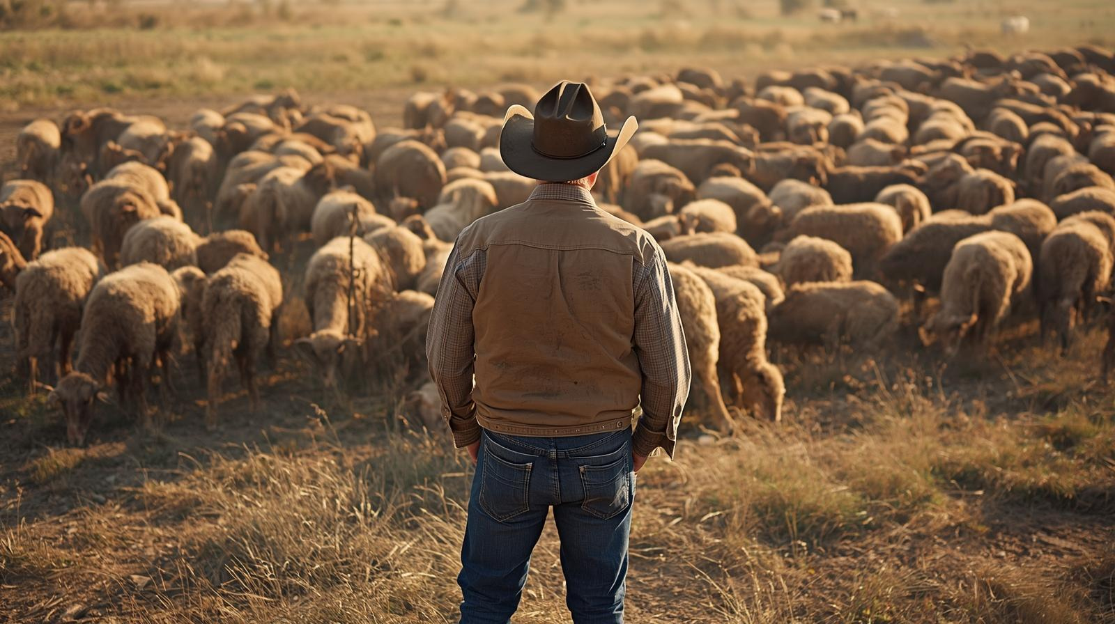 A man wearing a cowboy hat, plaid shirt, and vest stands in a field with his back to the camera, watching a large flock of sheep grazing in a pasture.