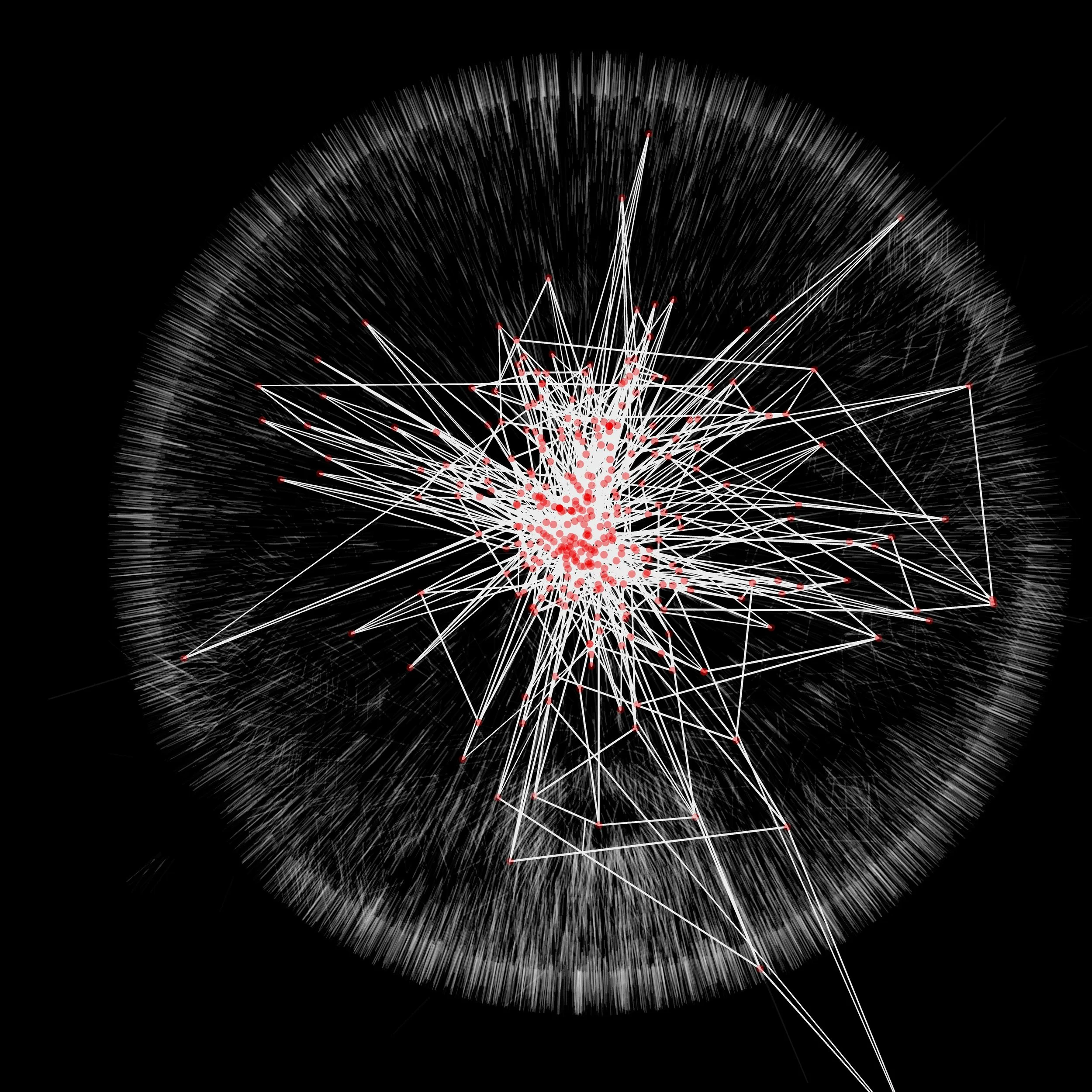 A digital abstract visualization with a black background, featuring numerous white lines converging at a center with red dots, creating a burst or explosion effect.