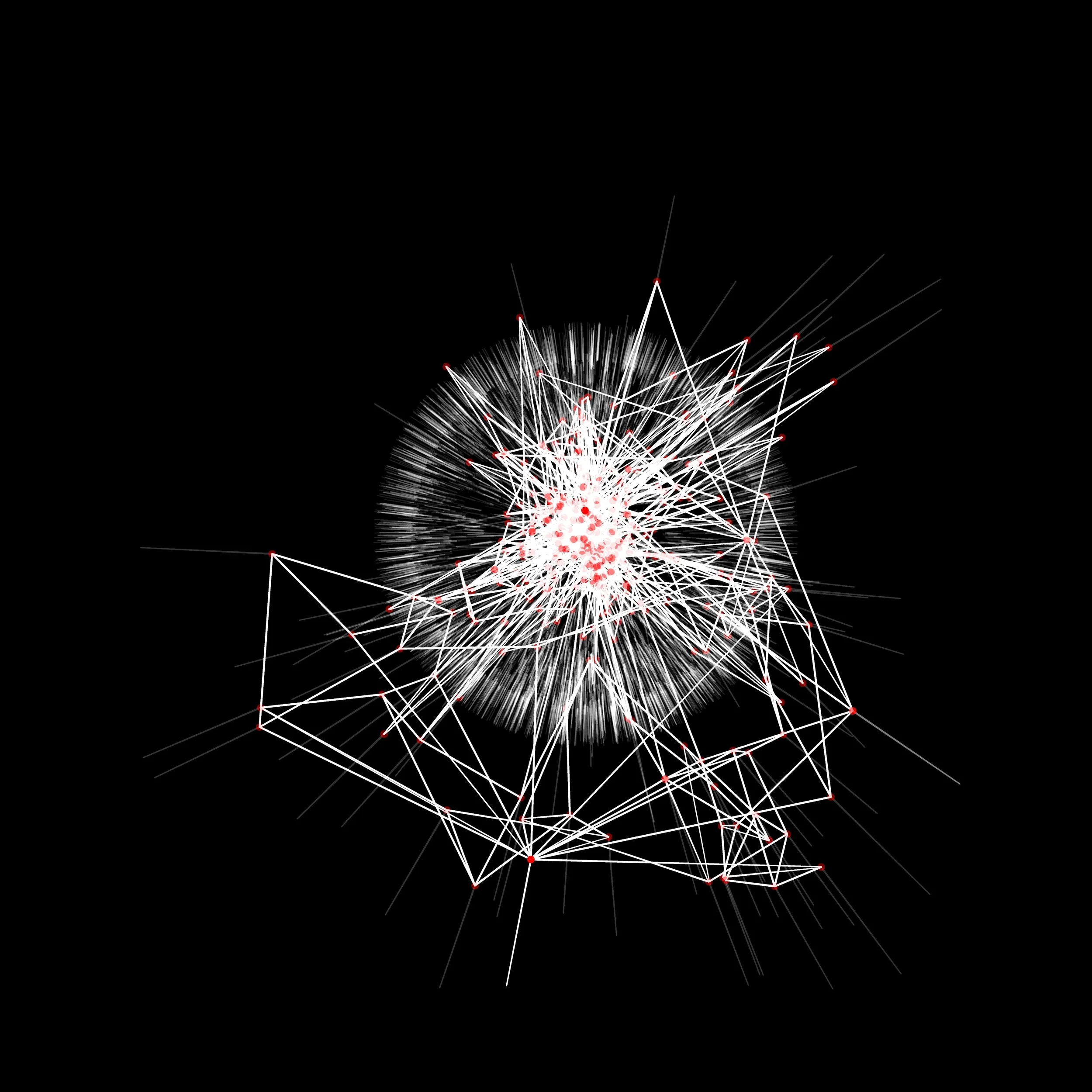 A digital visualization of interconnected points and lines forming an abstract pattern against a black background.