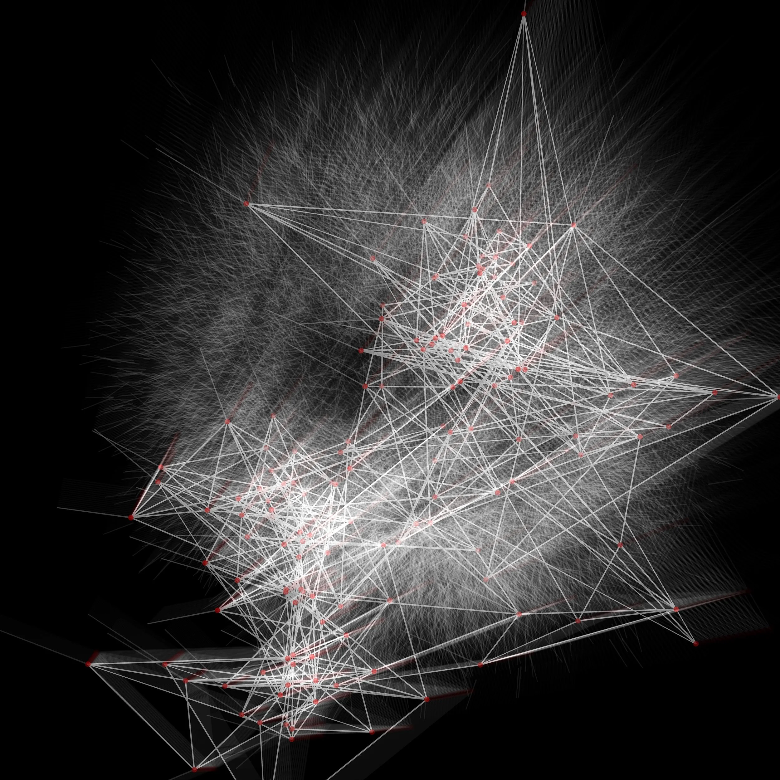 A digital illustration of a complex network or web of interconnected white lines and red nodes on a black background.