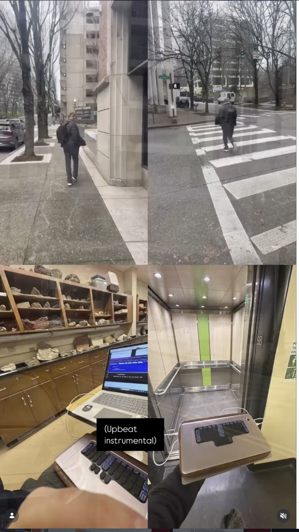 four images together of Thomas running between classes carrying his steno machine including on to an elevator