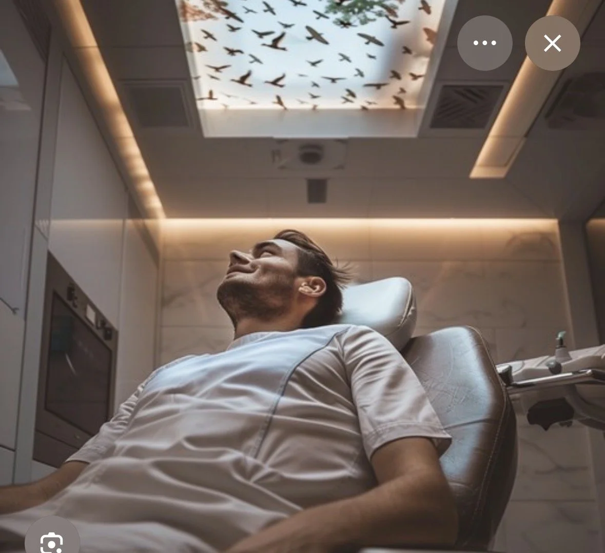 A man reclining in a dental chair, smiling, in a dental clinic.'}