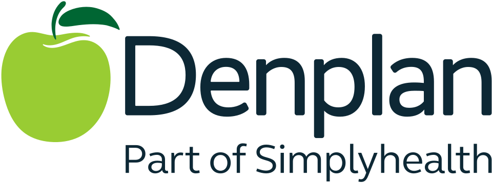 Logo of Denplan, a part of Simplyhealth, featuring a green apple icon with a leaf and the company name in blue text.