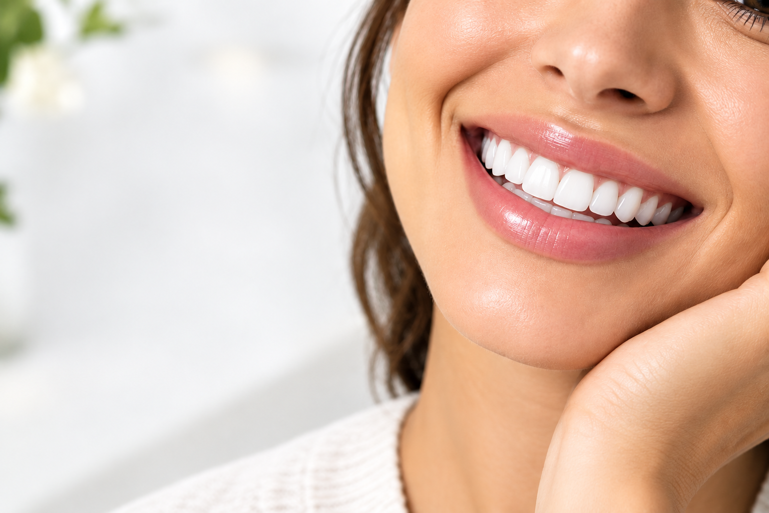 Close-up of a woman smiling, showing white teeth, with skin and lips visible.