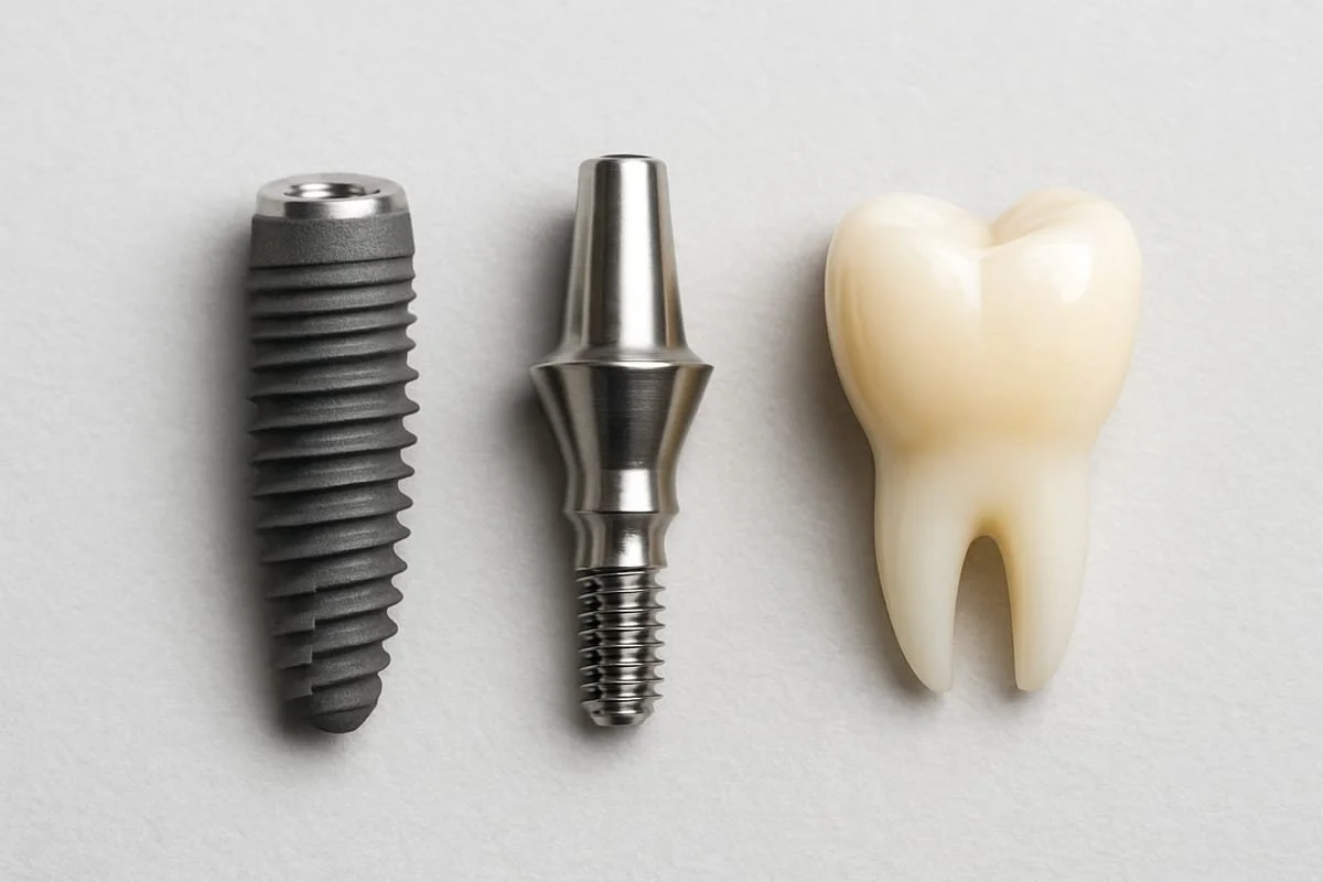 Dental implant components including a screw, abutment, and a tooth-shaped crown.