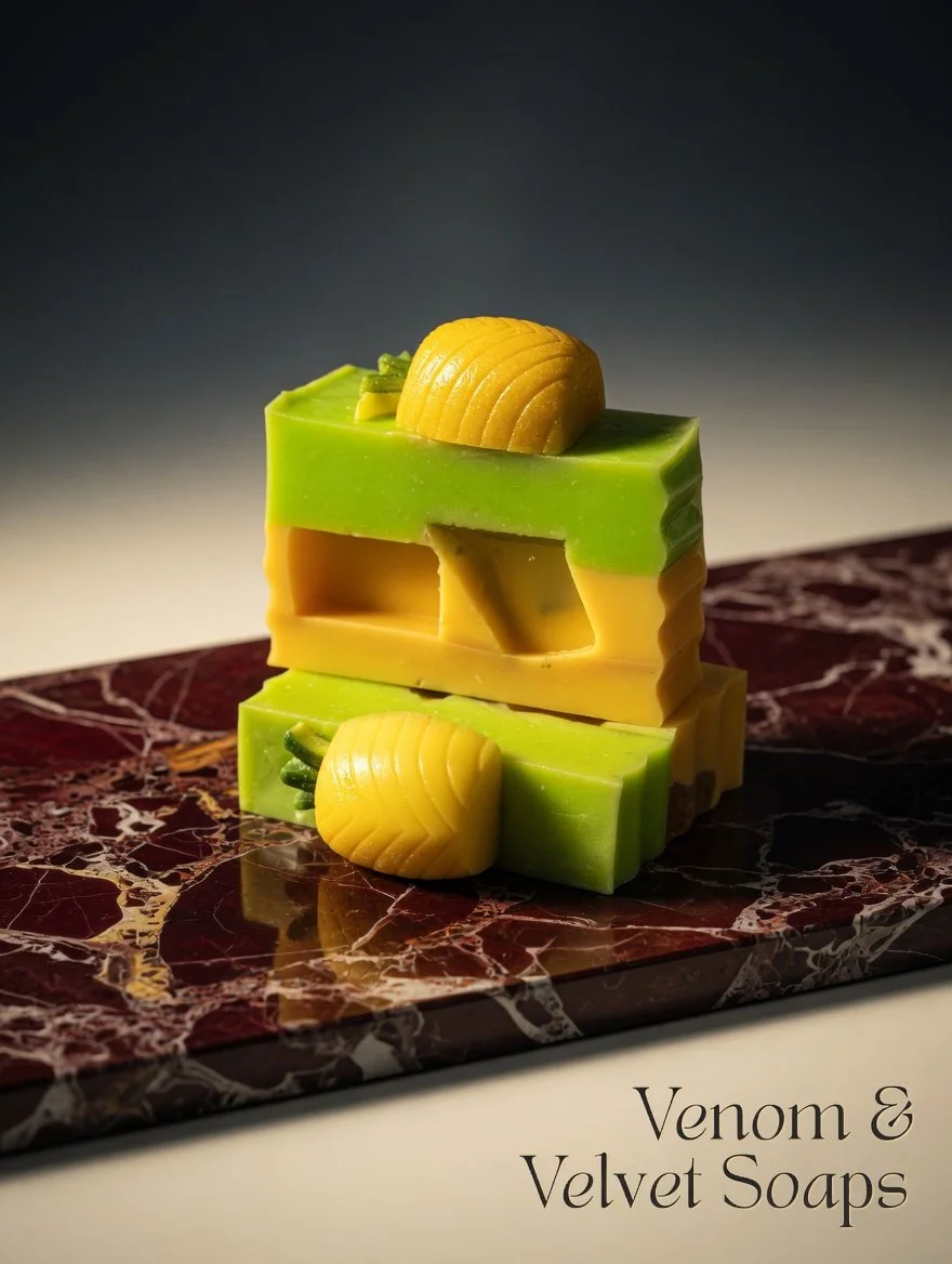Stacked green and yellow soap bars with a yellow soap flower on top, placed on a dark red marble surface with the text "Venom & Velvet Soaps" in the bottom right corner.