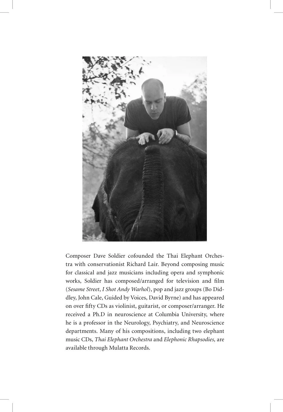 Excerpt from a book chapter about Dave Soldier and the Thai Elephant Orchestra, featuring a photograph of Soldier with an elephant.