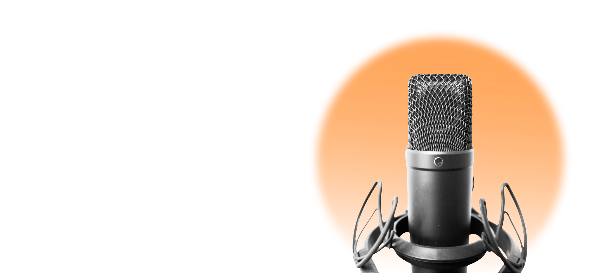 Studio microphone against a dark blue background with a glowing orange circle.