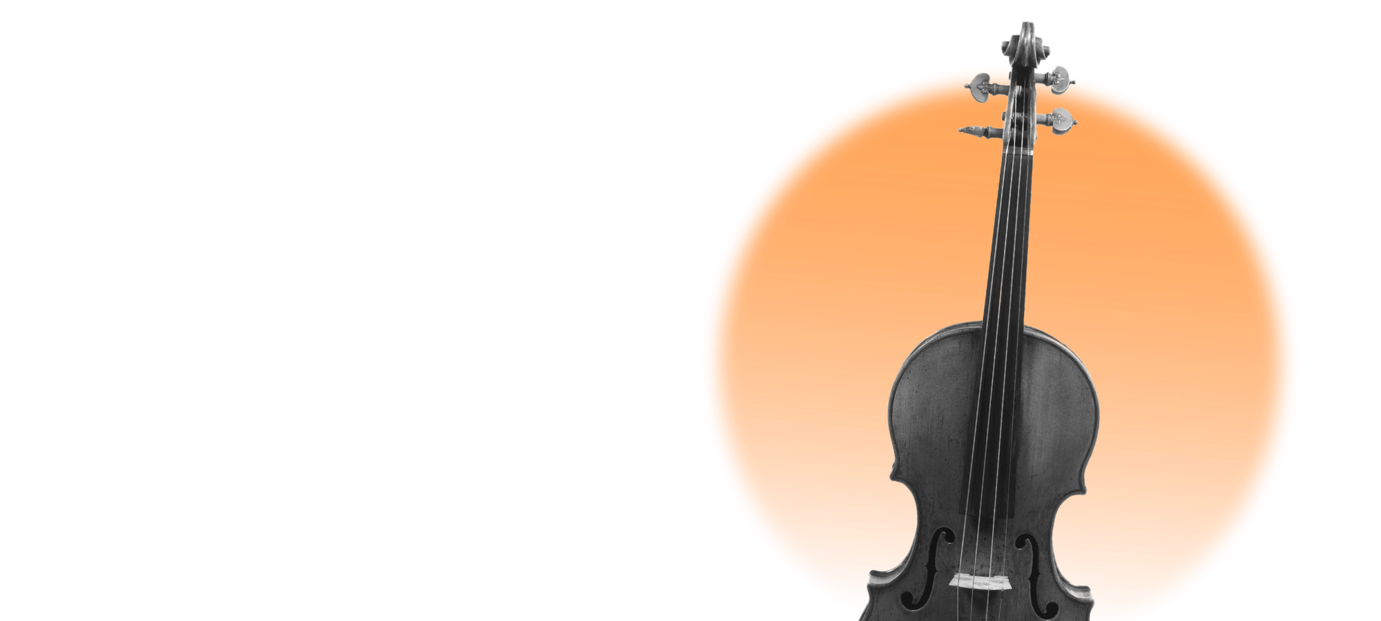 Violin against a blue background with a glowing orange circle.