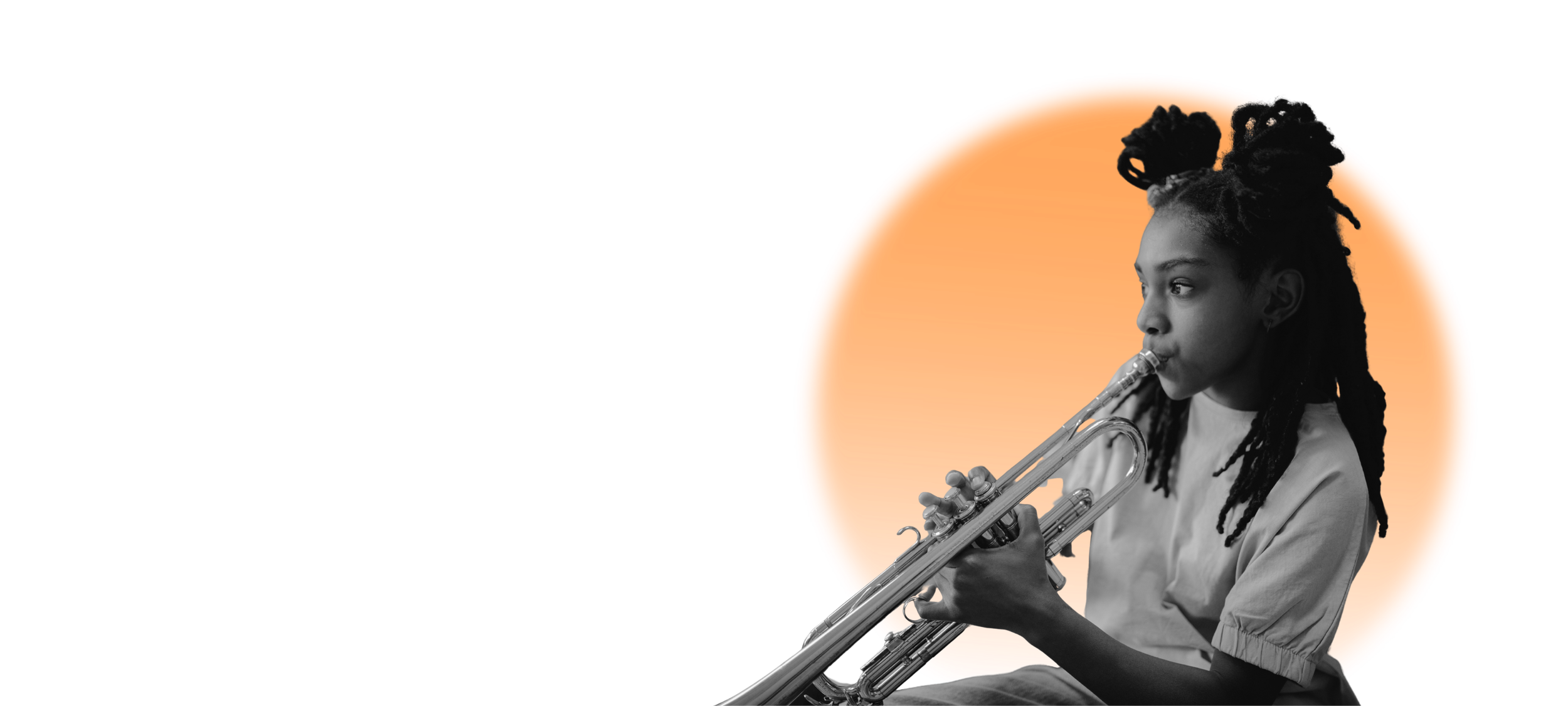 Young musician playing trumpet against a pink and orange background.