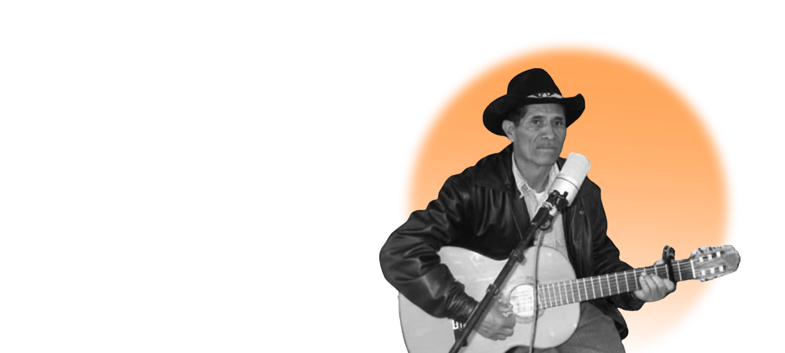A black-and-white photo of a man wearing a cowboy hat and leather jacket, playing an acoustic guitar, with an orange circle and red background behind him.