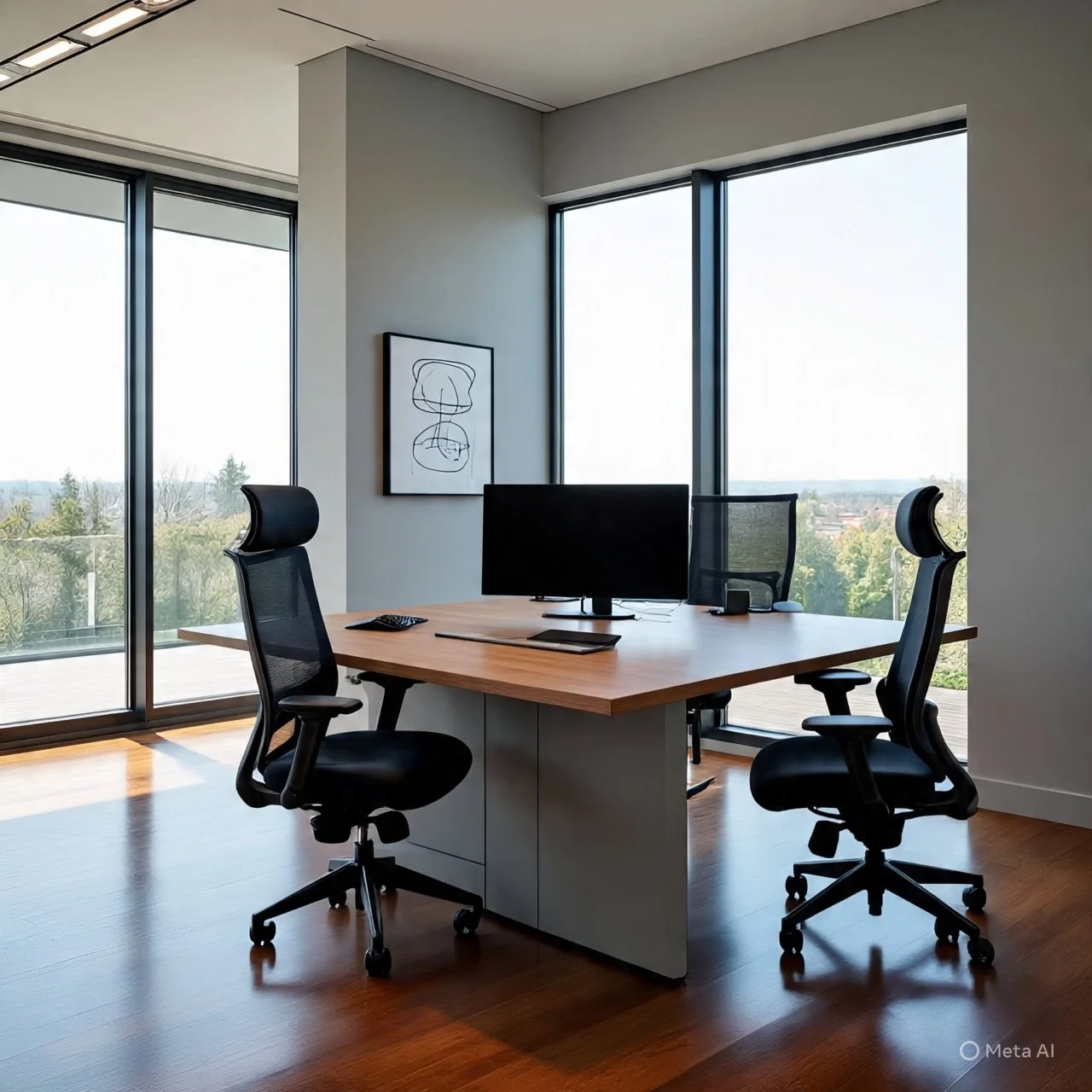 Bureau moderne avec une table en bois, trois chaises de bureau noires, écran d'ordinateur, grand fenêtres laissant entrer de la lumière, vue sur le paysage extérieur, décoration minimaliste, tableau simple en noir et blanc sur le mur.