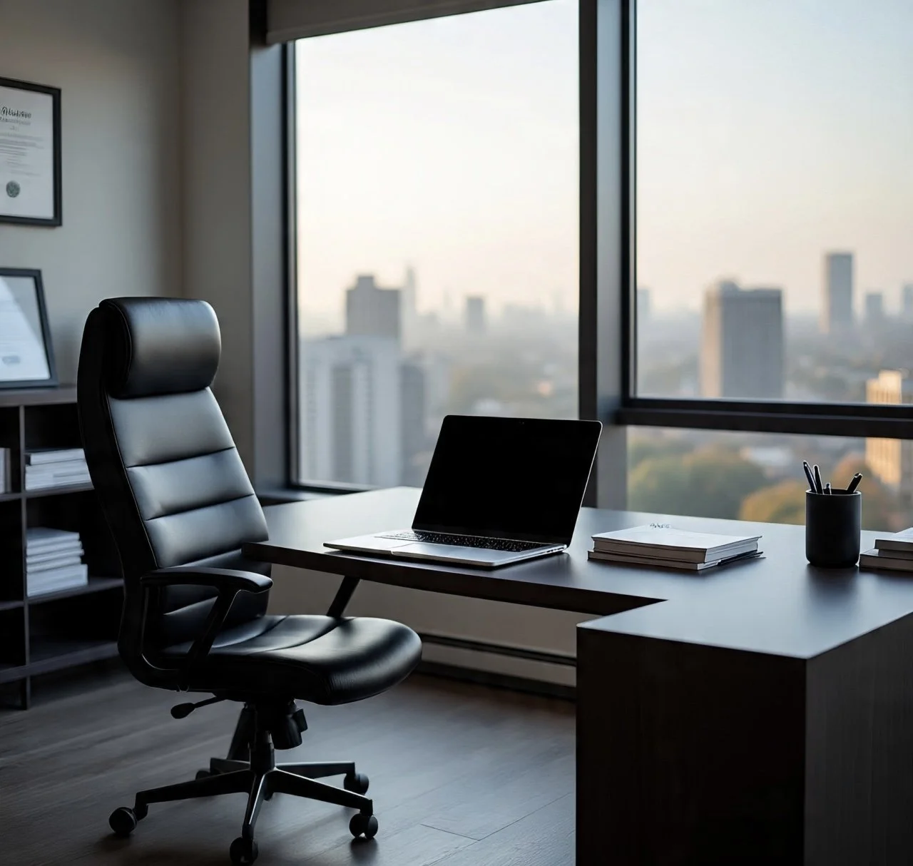Bureau moderne avec une chaise ergonomique, un ordinateur portable, des classeurs, un pot à crayons, dans une pièce avec une grande fenêtre offrant une vue sur la ville.