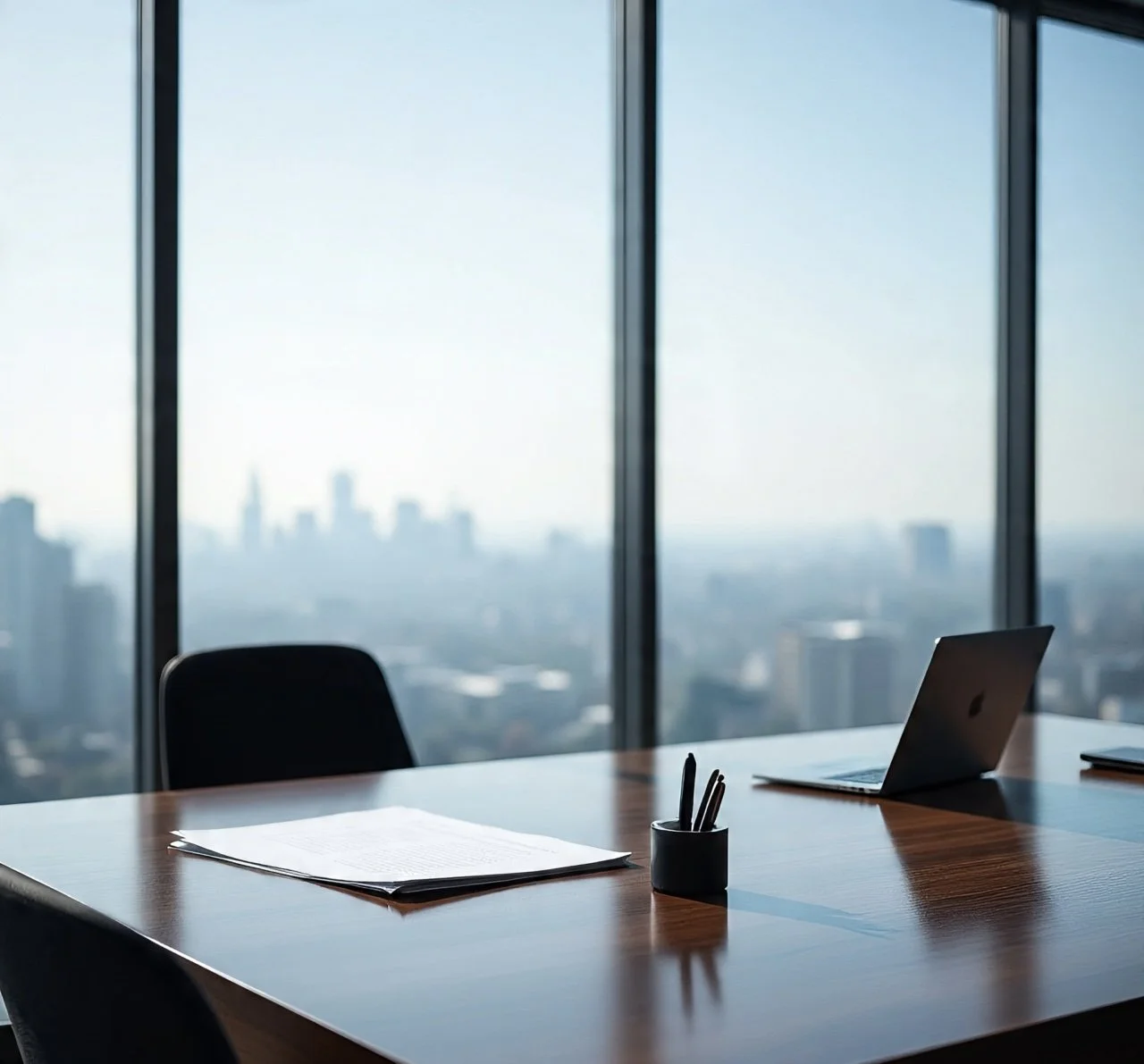 Bureau moderne avec un ordinateur portable et des documents, vue sur une ville depuis de grandes fenêtres