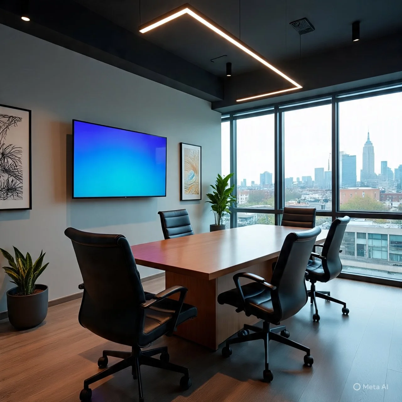 Salle de réunion moderne avec une grande table en bois, cinq chaises noires, deux plantes vertes, un grand écran mural et une vue sur la silhouette de New York à travers de grandes fenêtres.