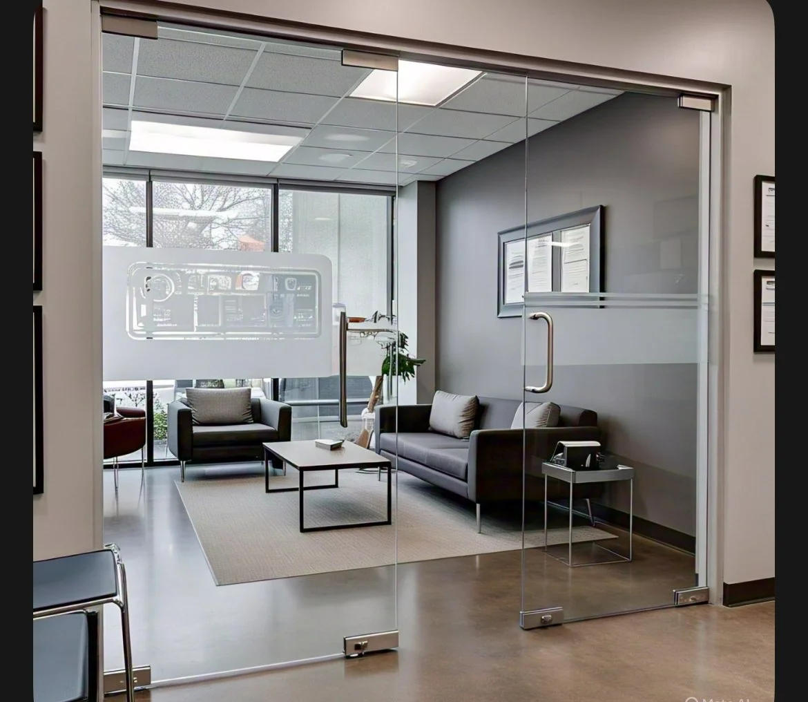 Salle d'attente ou bureau avec deux canapés gris, une table basse, une plante, des fenêtres vastes, sur un mur gris avec un cadre suspendu